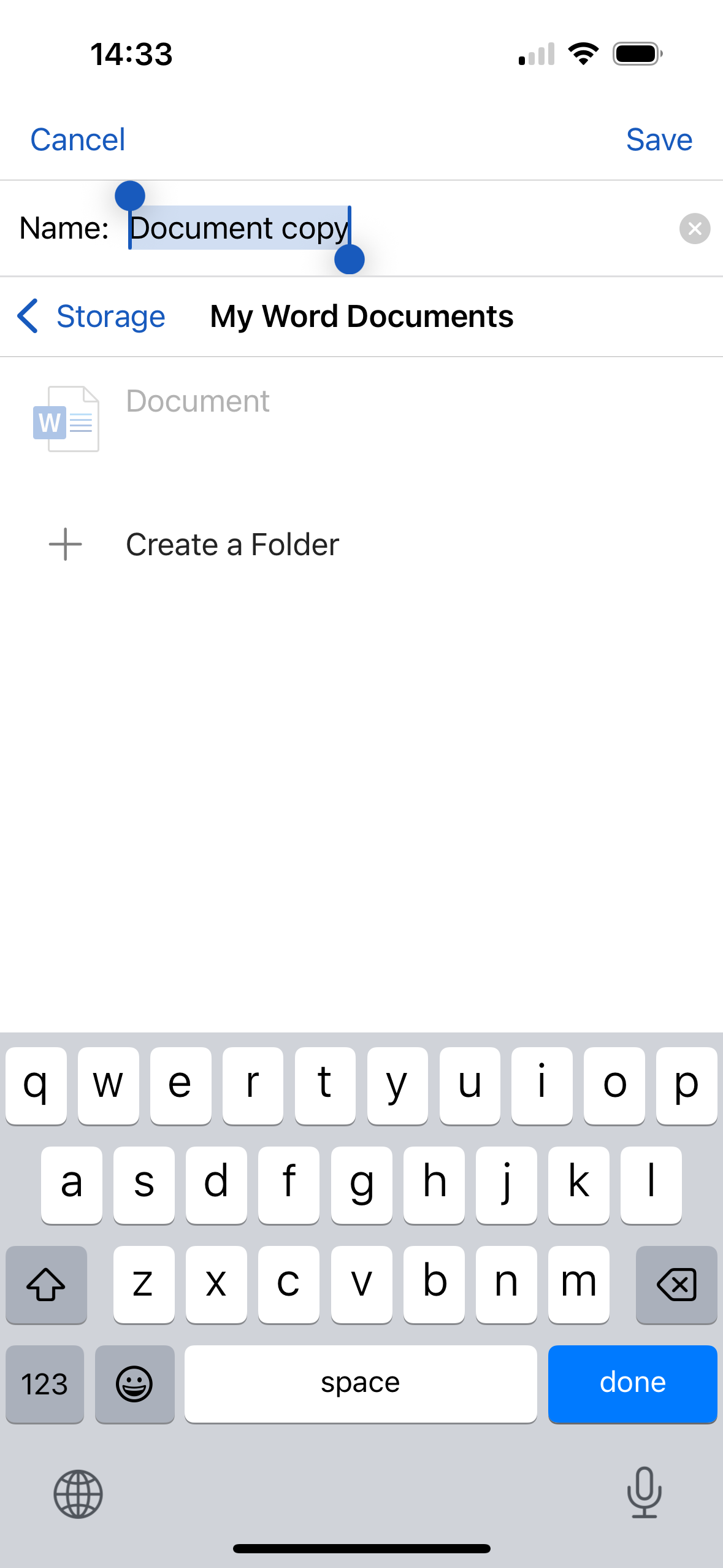 Option „Kopie speichern“ in der Word-App auf dem iPhone