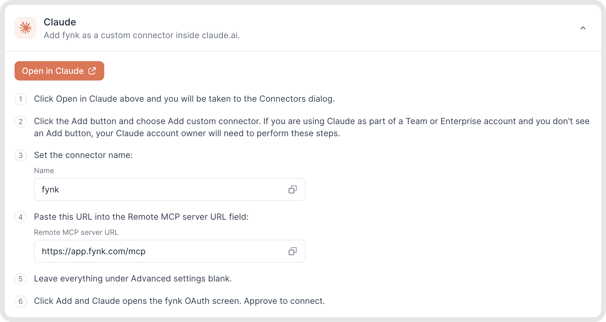 Connecting the fynk MCP to Claude in fynk account settings