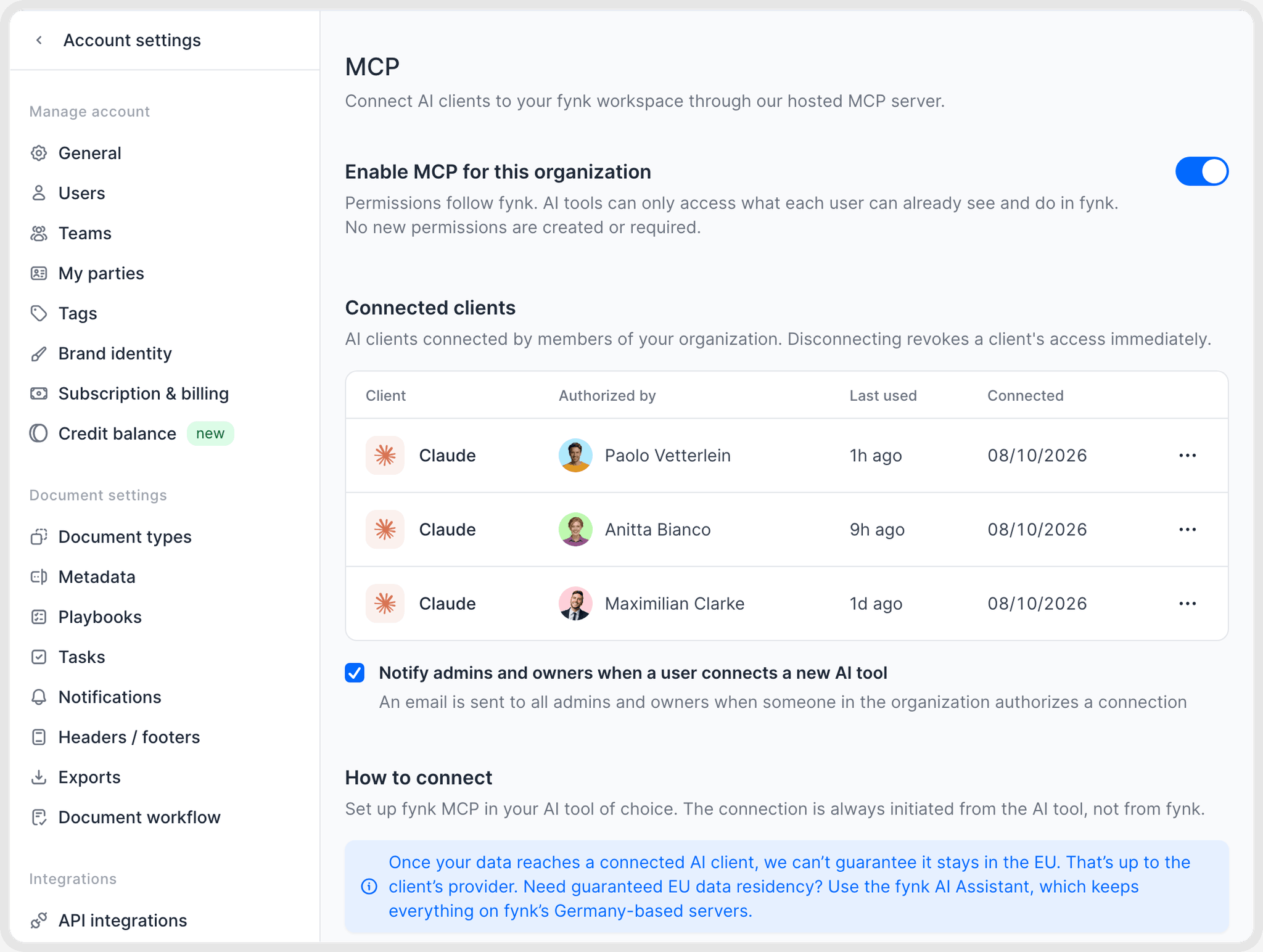 The MCP page in fynk account settings, showing MCP enabled and the AI clients connected by the organization