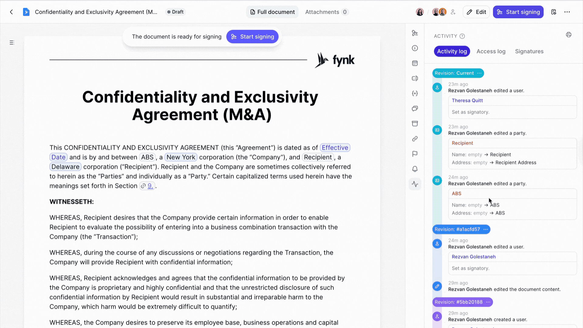 Activity log in fynk app