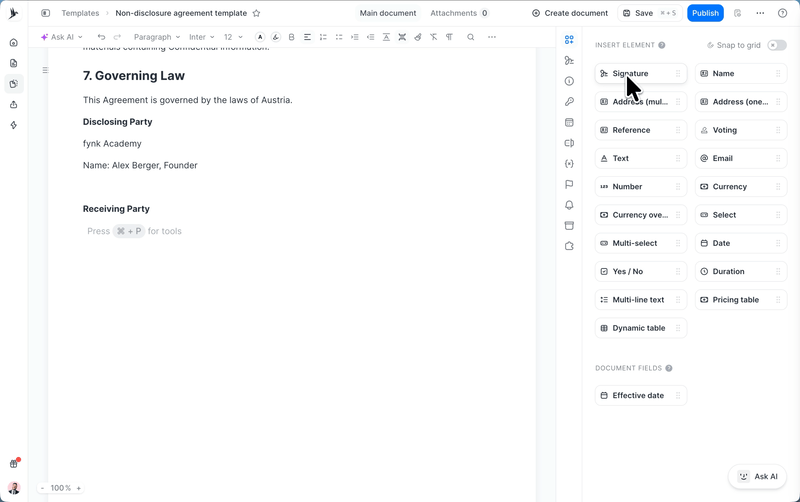 Add party and signature block to fynk template