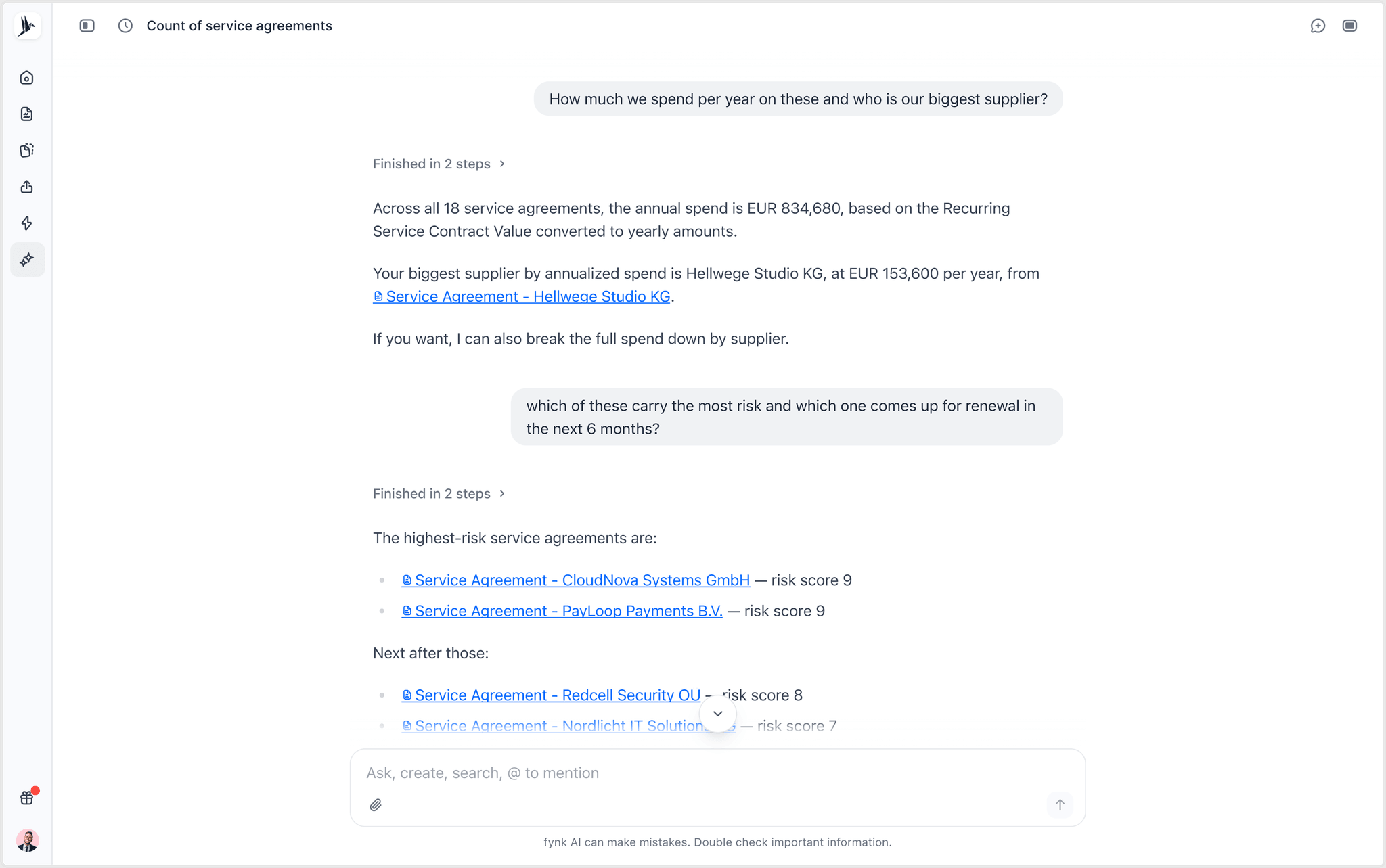 fynk AI Assistant answering annual spend, biggest supplier and highest risk questions about one set of agreements