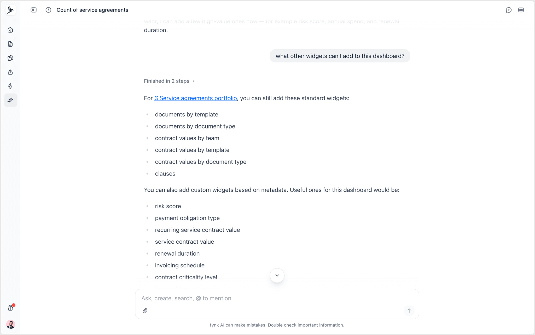 fynk AI Assistant listing the standard and metadata-based widgets that can be added to a dashboard