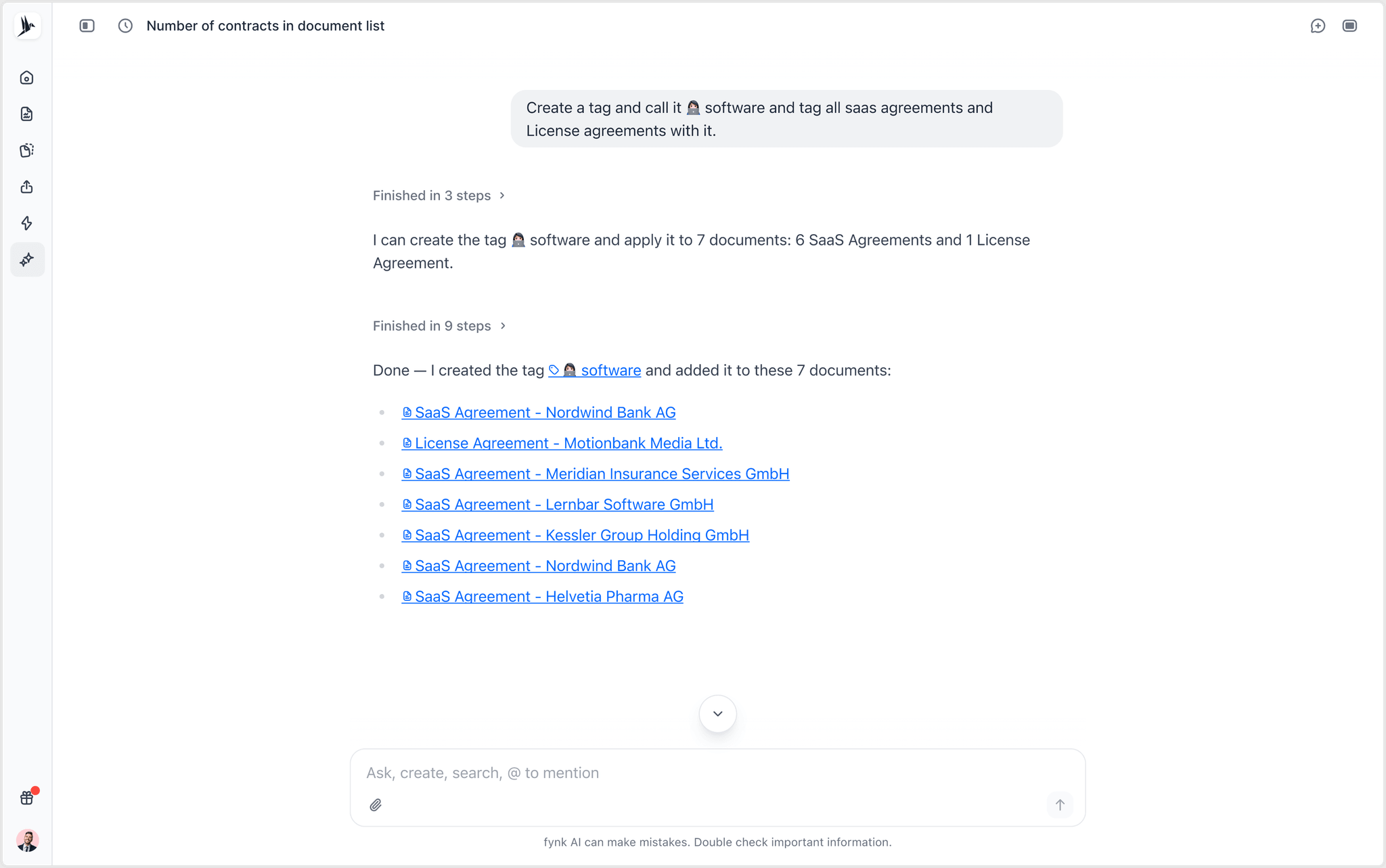 fynk AI Assistant creating a tag and applying it to every SaaS and license agreement in the batch
