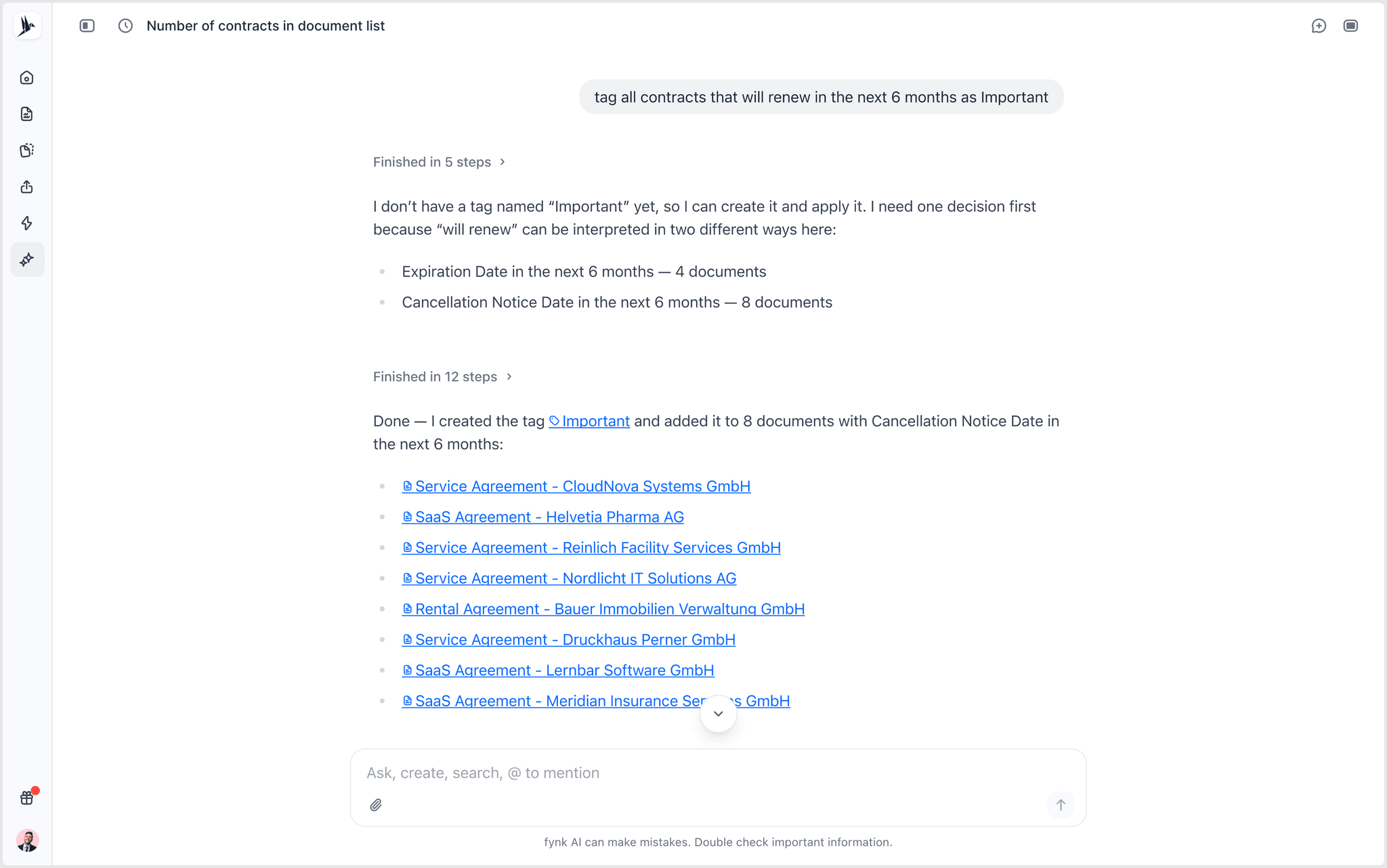 fynk AI Assistant tagging the contracts whose cancellation notice date falls in the next six months