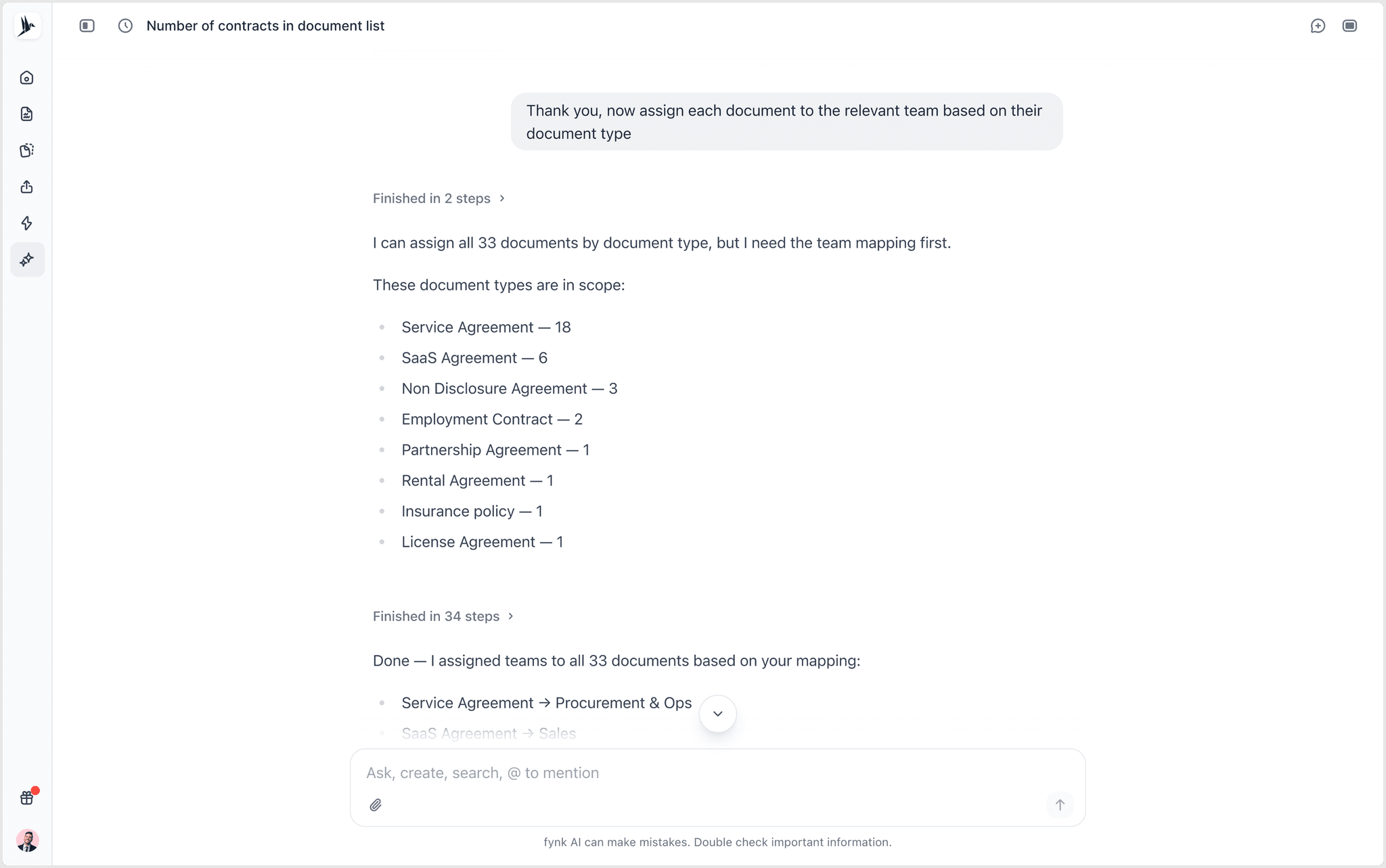 fynk AI Assistant mapping each document type to a team before it assigns the whole batch