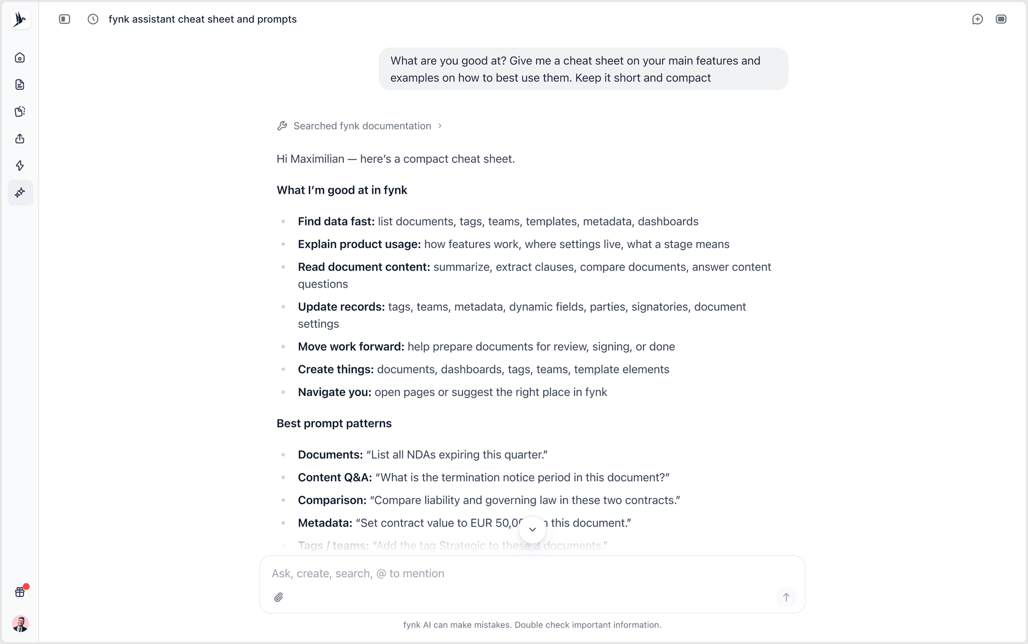 fynk AI Assistant listing what it can find, explain, update and create across your documents