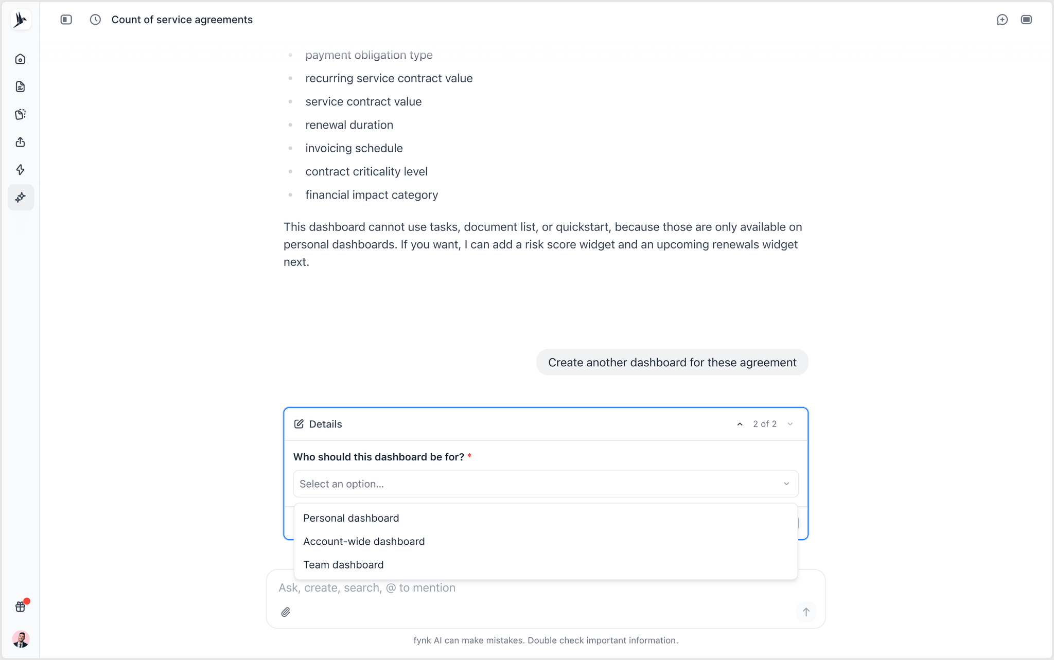 fynk AI Assistant asking whether the dashboard should be personal, shared with a team, or account-wide