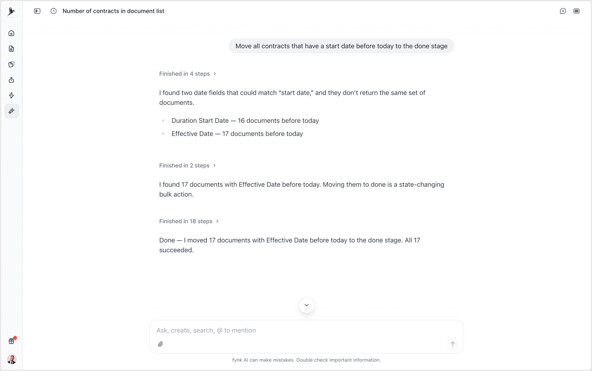 fynk AI Assistant asking which date field to use before it moves contracts to the done stage