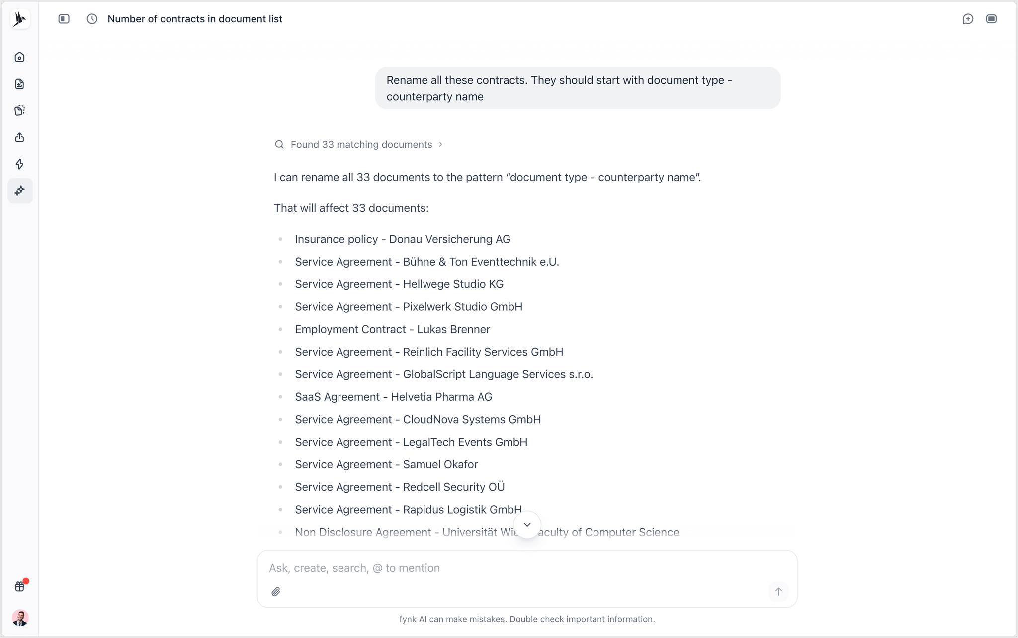 fynk AI Assistant previewing the new names before it renames a batch of contracts