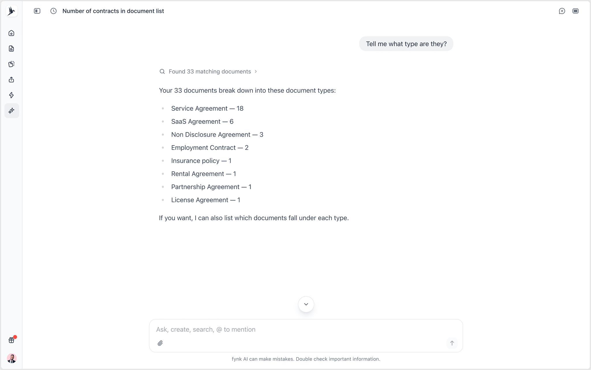 fynk AI Assistant breaking a batch of imported documents down by document type