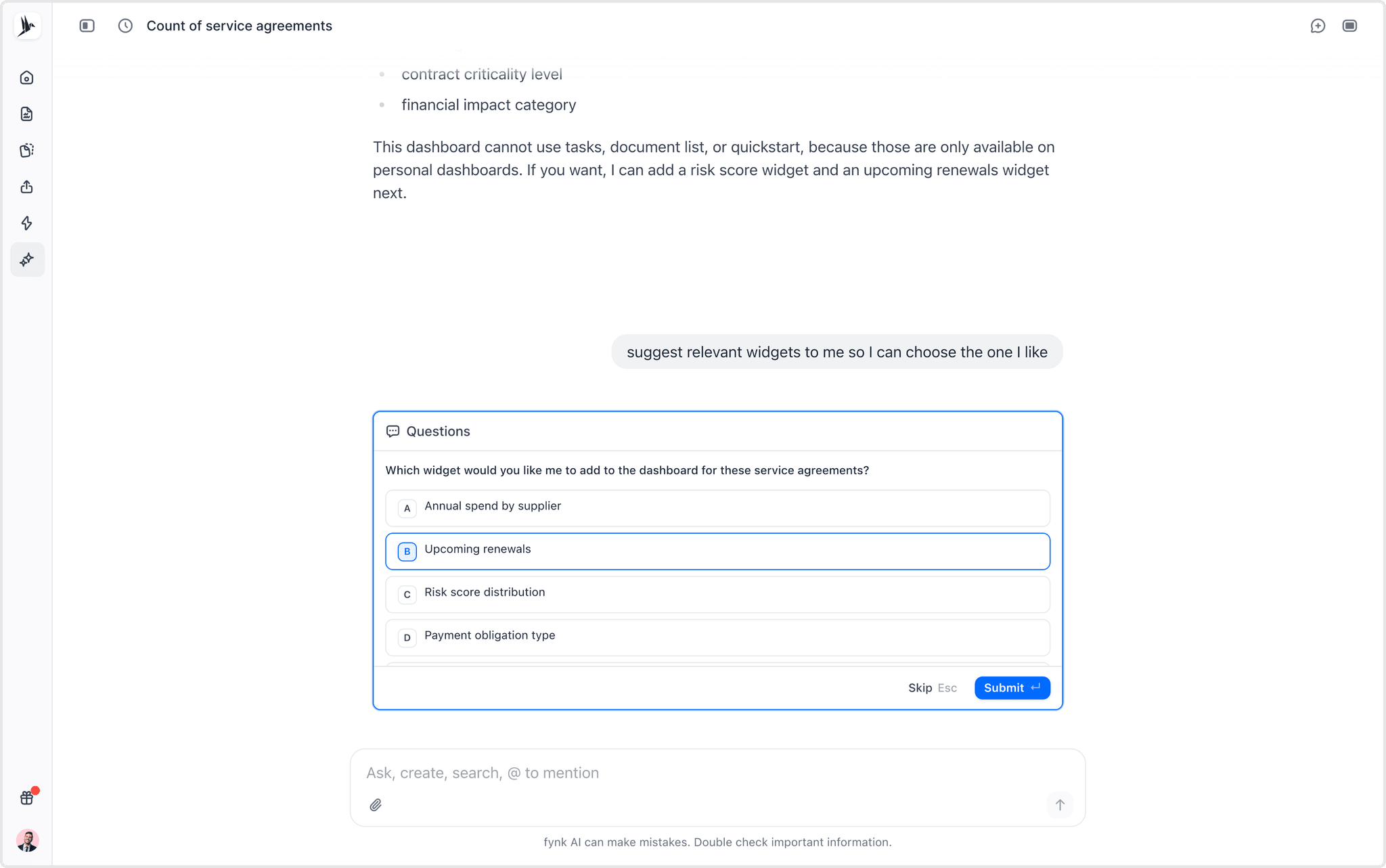 fynk AI Assistant suggesting widgets to add so you can pick the one you want