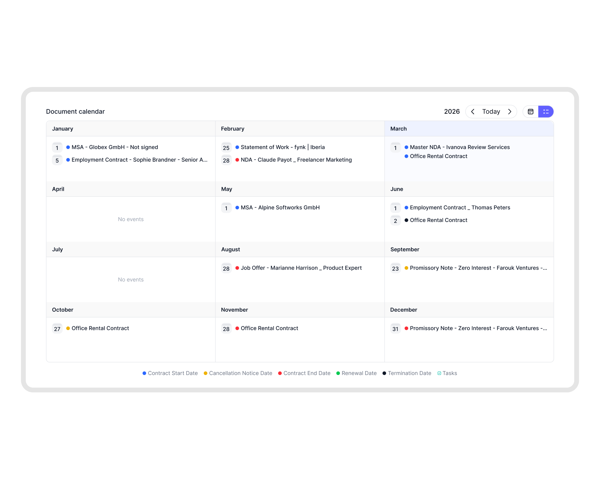 Know what's coming up next in document calendar.