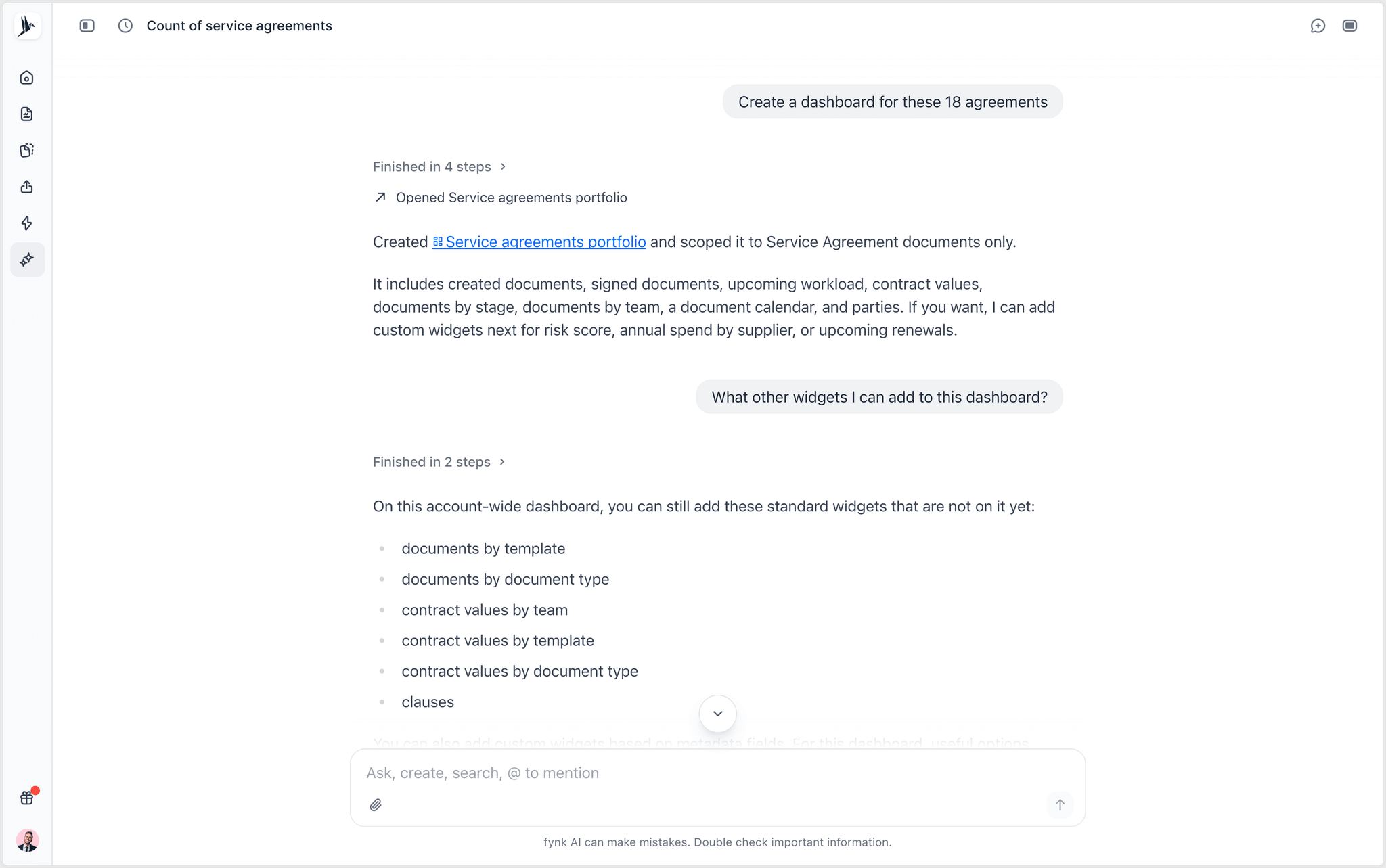 fynk AI Assistant creating a dashboard from a single prompt and scoping it to one document type