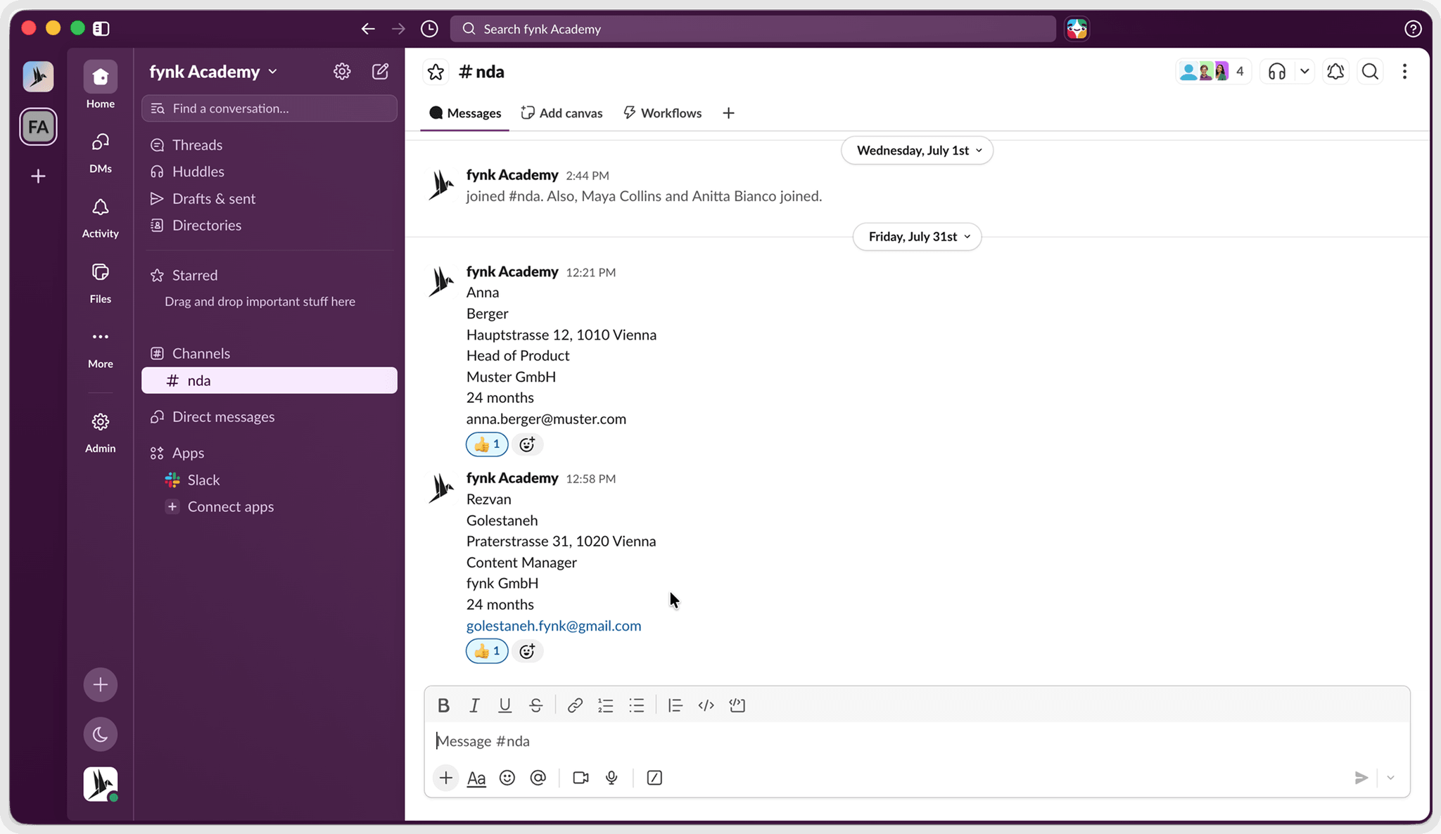 NDA requests in a Slack channel, each approved with a thumbs up reaction