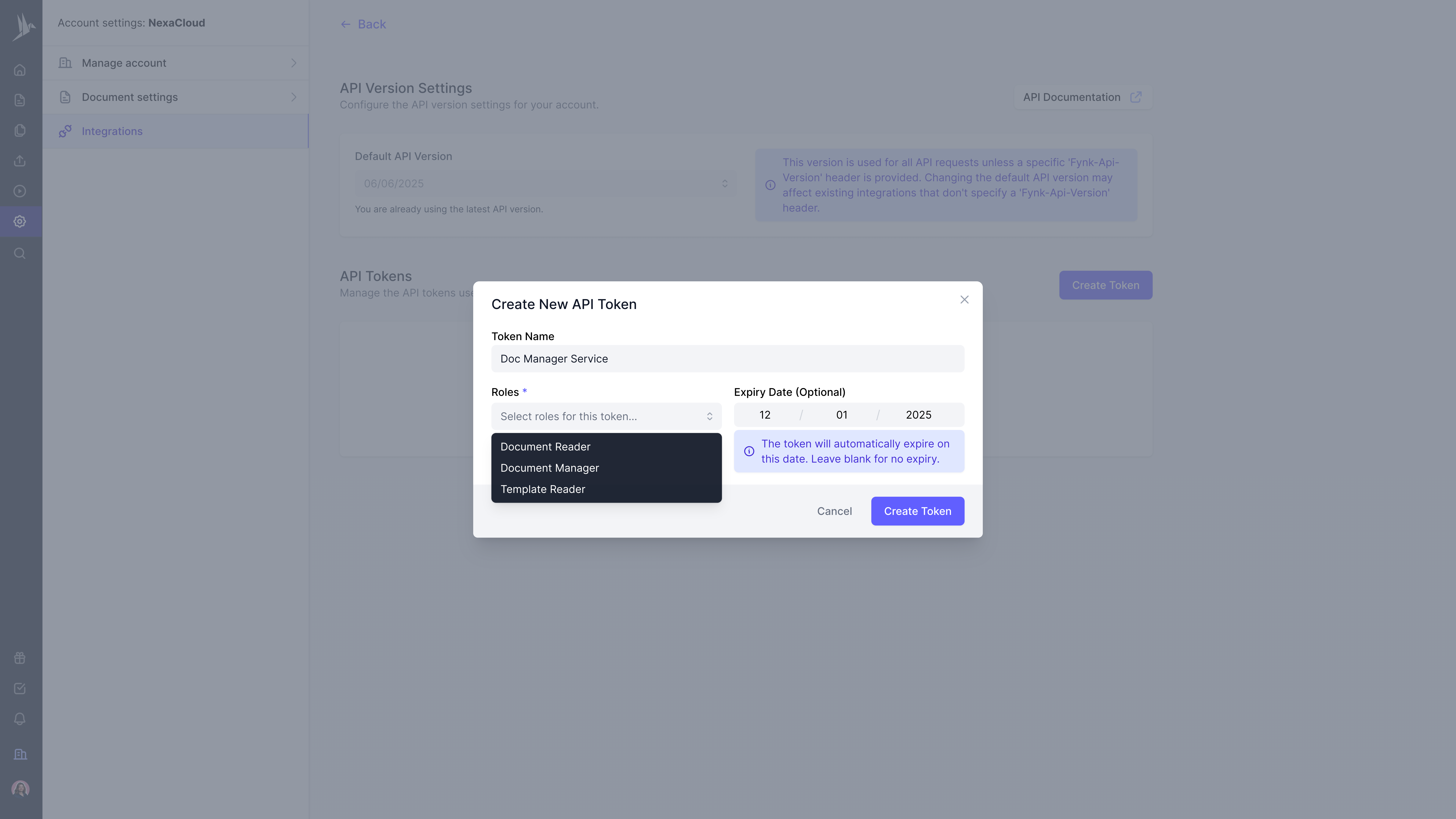 Creating new API token in fynk Creating new API token in fynk