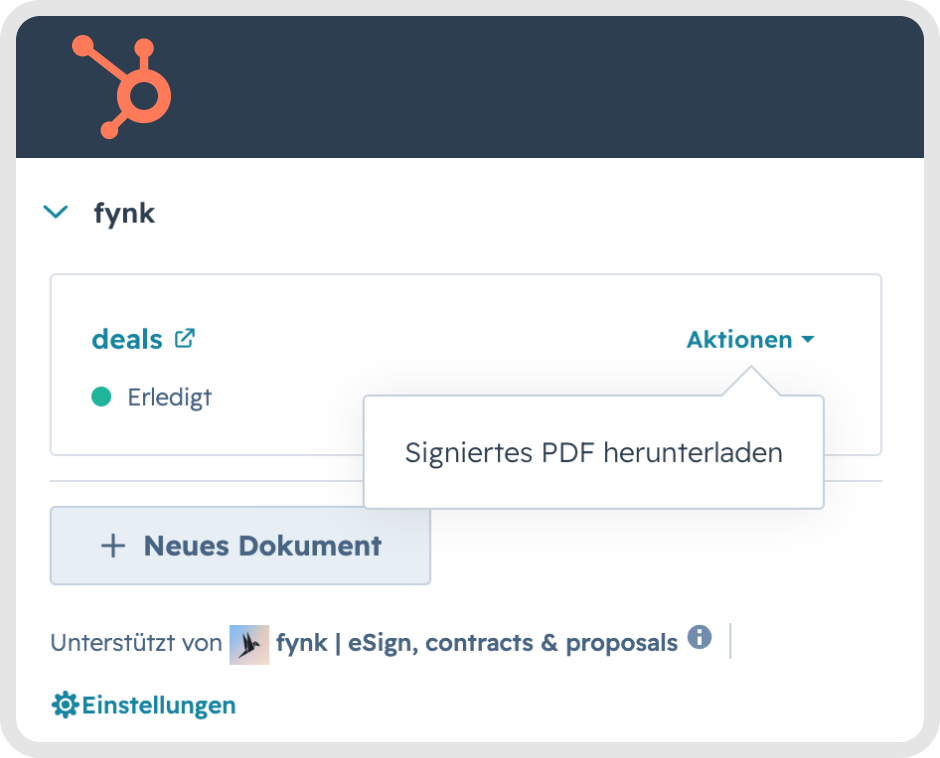 Ein erledigter Vertrag an der fynk-Karte in HubSpot, mit Signiertes PDF herunterladen im Aktionen-Menü