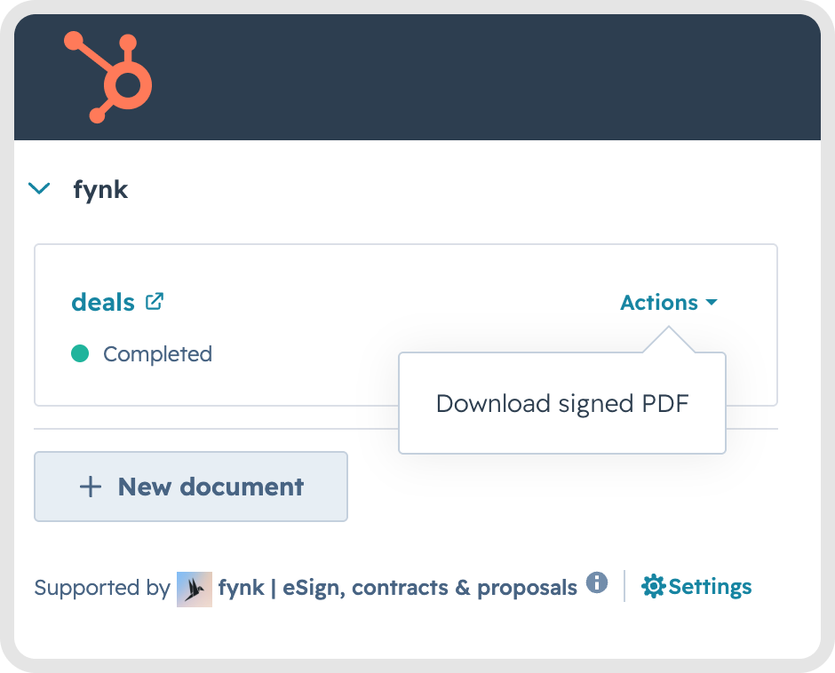 Download signed PDF, on a completed contract A completed contract on the fynk card in HubSpot, with Download signed PDF open in the Actions menu
