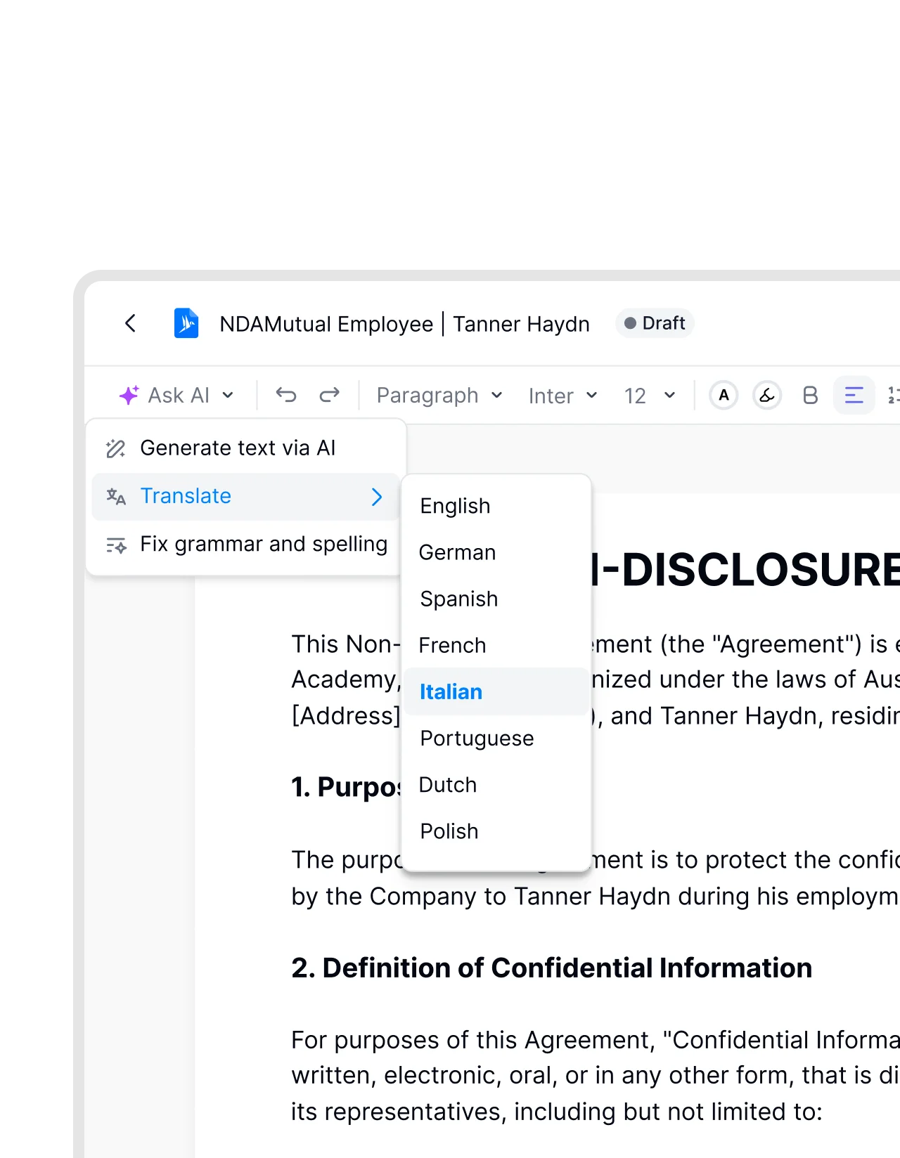 The fynk contract repository in contract management software, listing every contract with its parties, status and renewal date