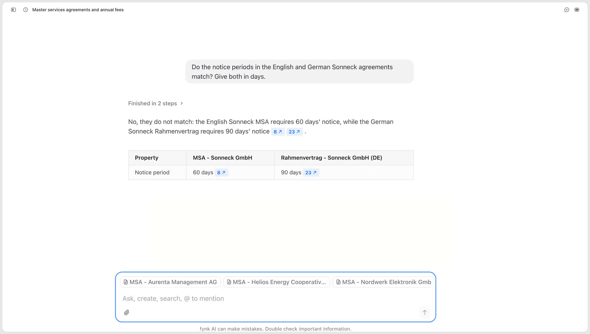 fynk AI Assistant comparing the notice period in the English and German version of the same agreement