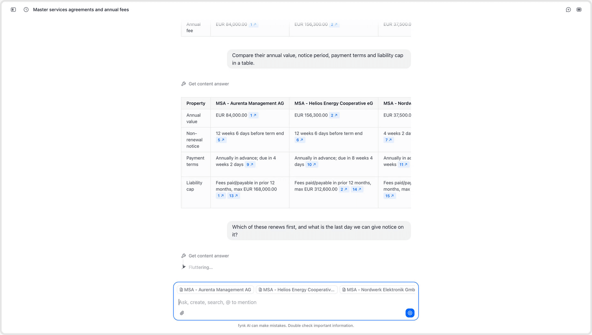 fynk AI Assistant comparing annual value, notice period, payment terms and liability cap across four MSAs in one table