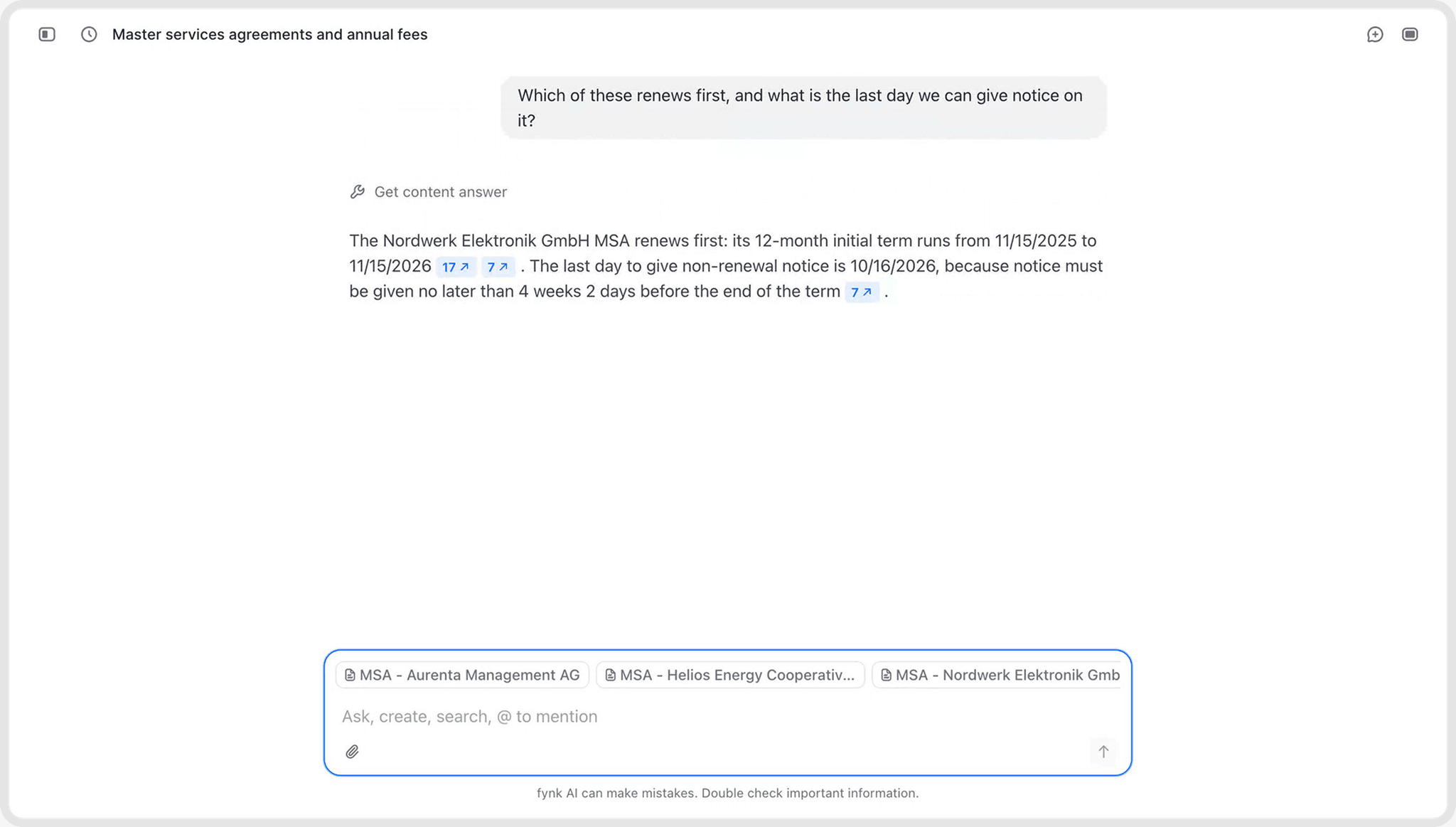 fynk AI Assistant naming which contract renews first and the last day to give notice on it