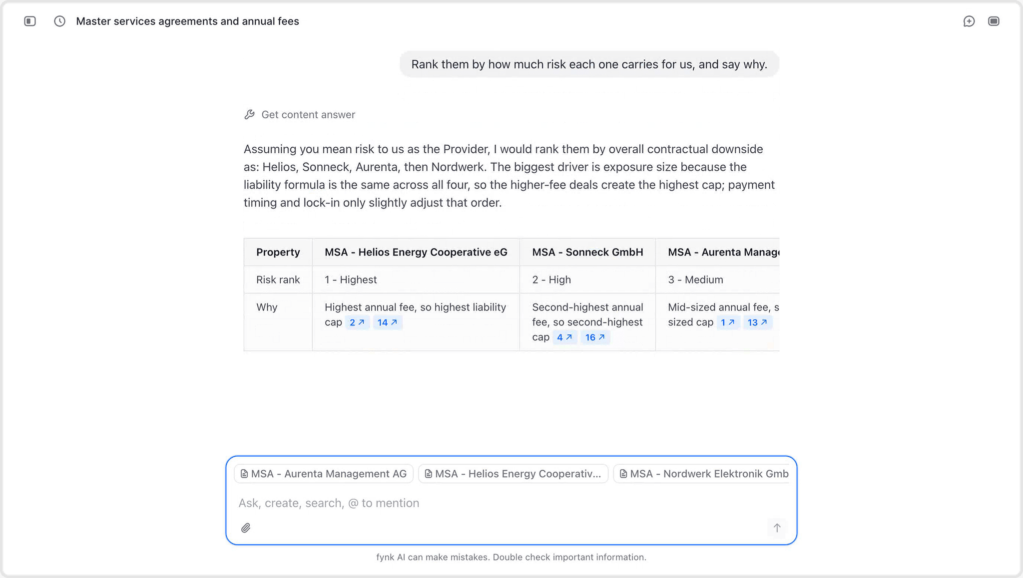 fynk AI Assistant ranking four MSAs by risk and explaining the reasoning behind the order