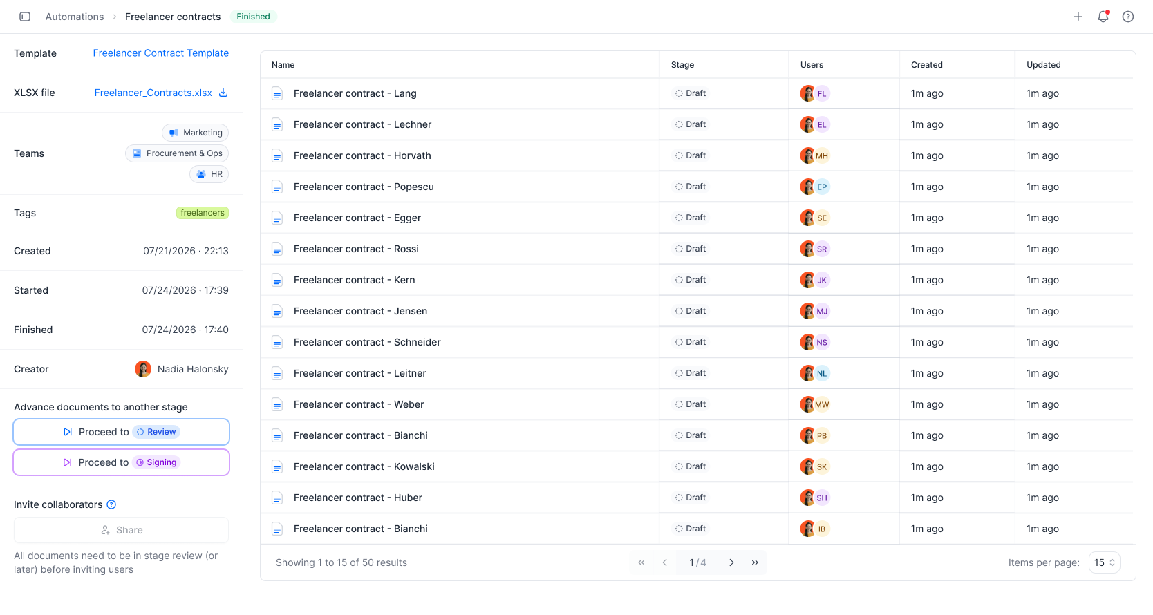 Reviewing the batch of generated freelancer contracts in fynk