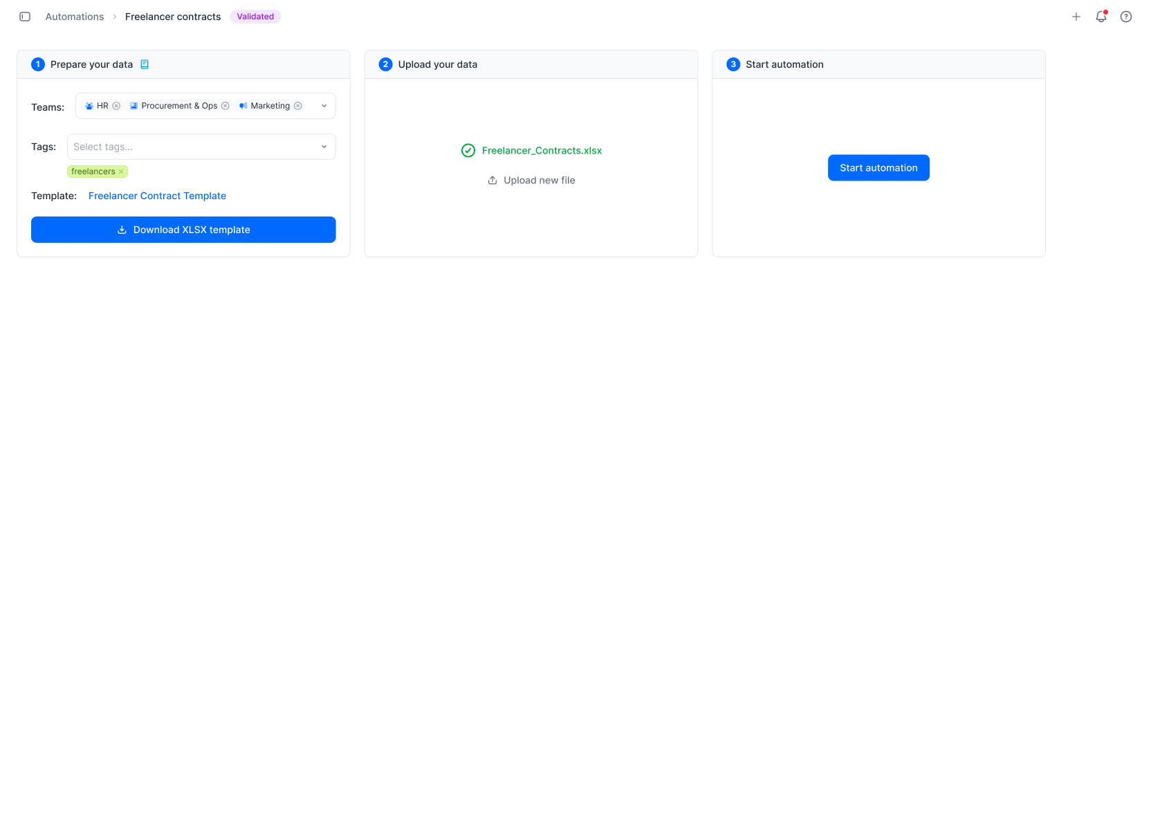 Uploading a spreadsheet to the automation hub