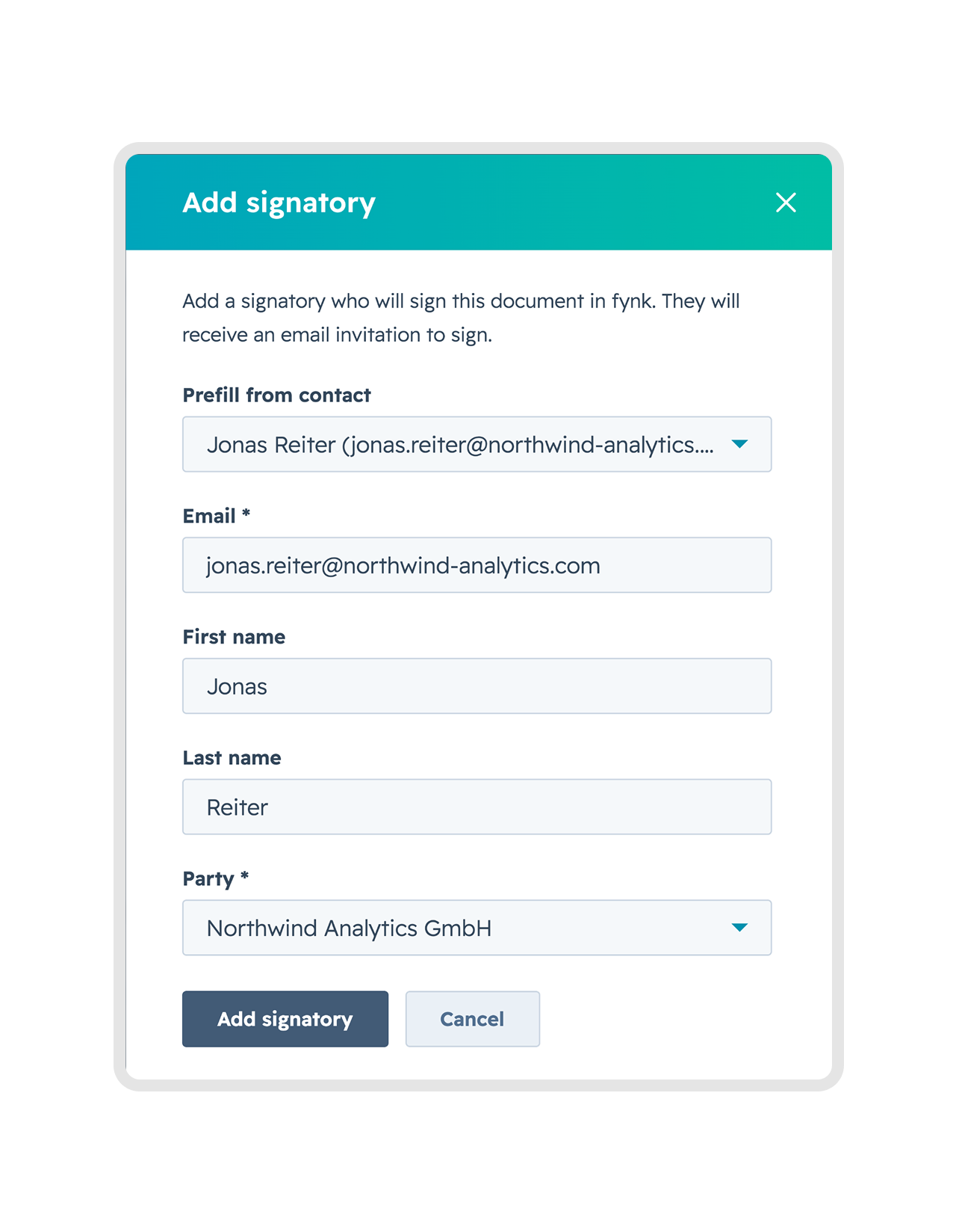 Adding a signatory from your HubSpot contacts The Add signatory dialog on the fynk card, prefilling a signer from a HubSpot contact