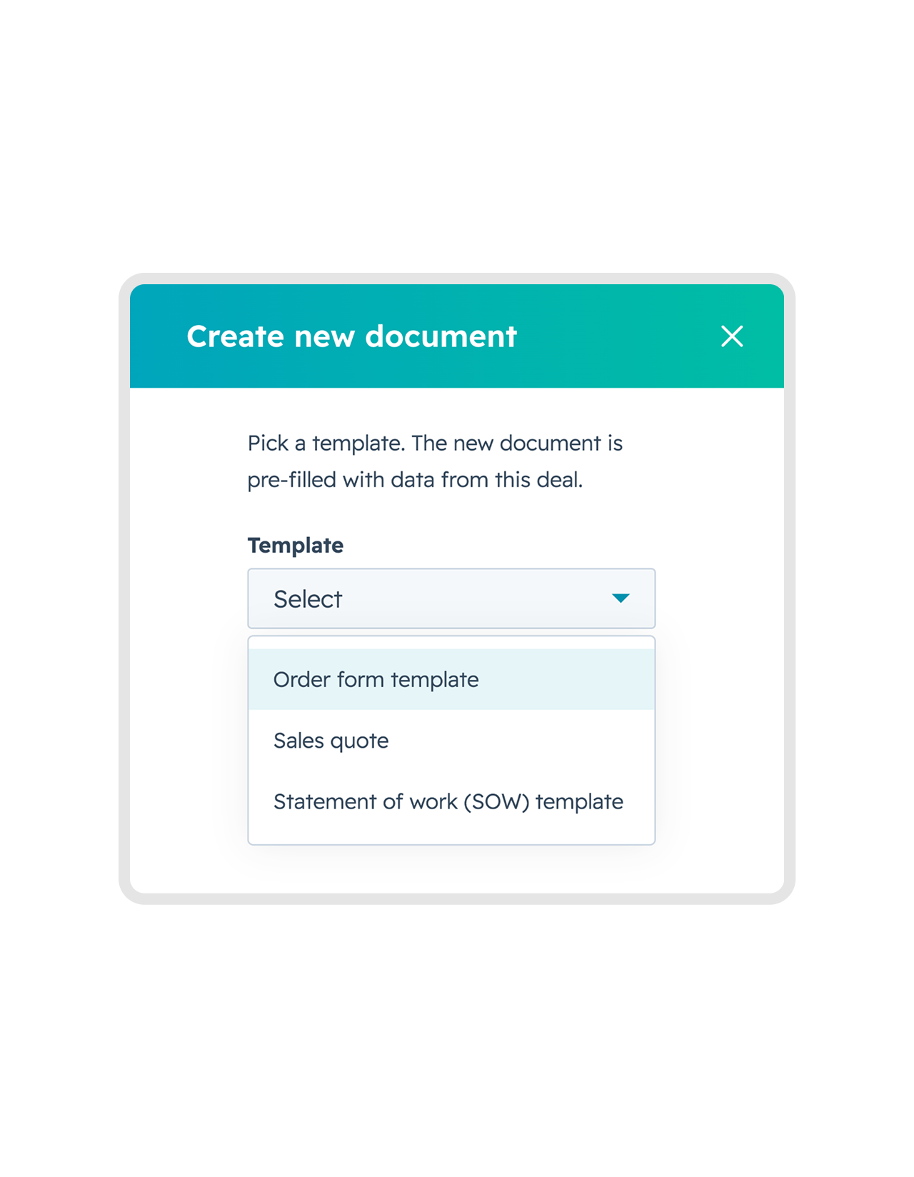Creating a contract from a template, inside the deal record The fynk card on a HubSpot deal record, creating a contract from a published template
