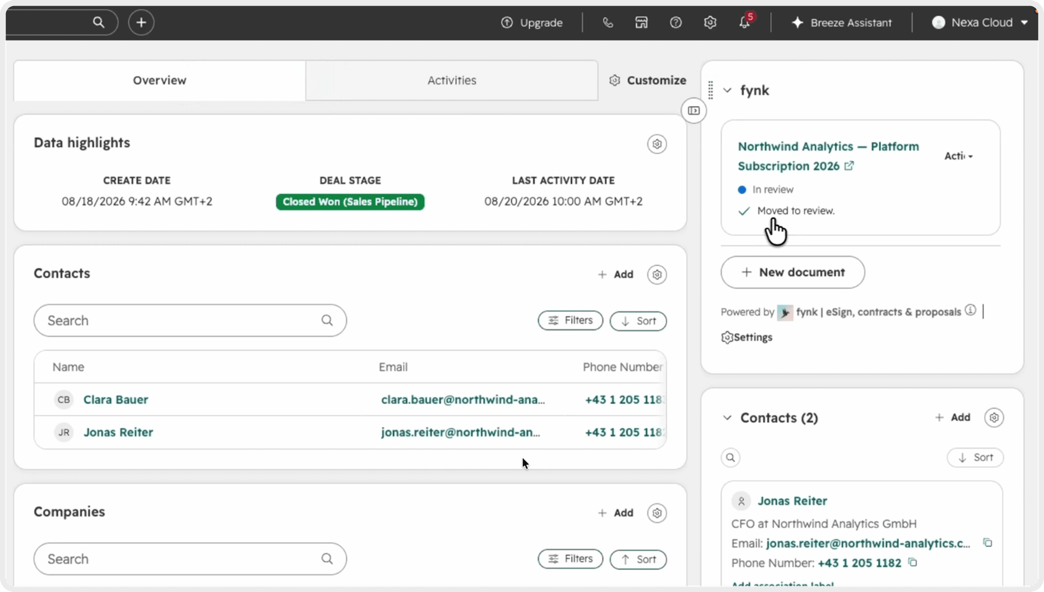 A HubSpot deal showing the contract in review on the fynk card