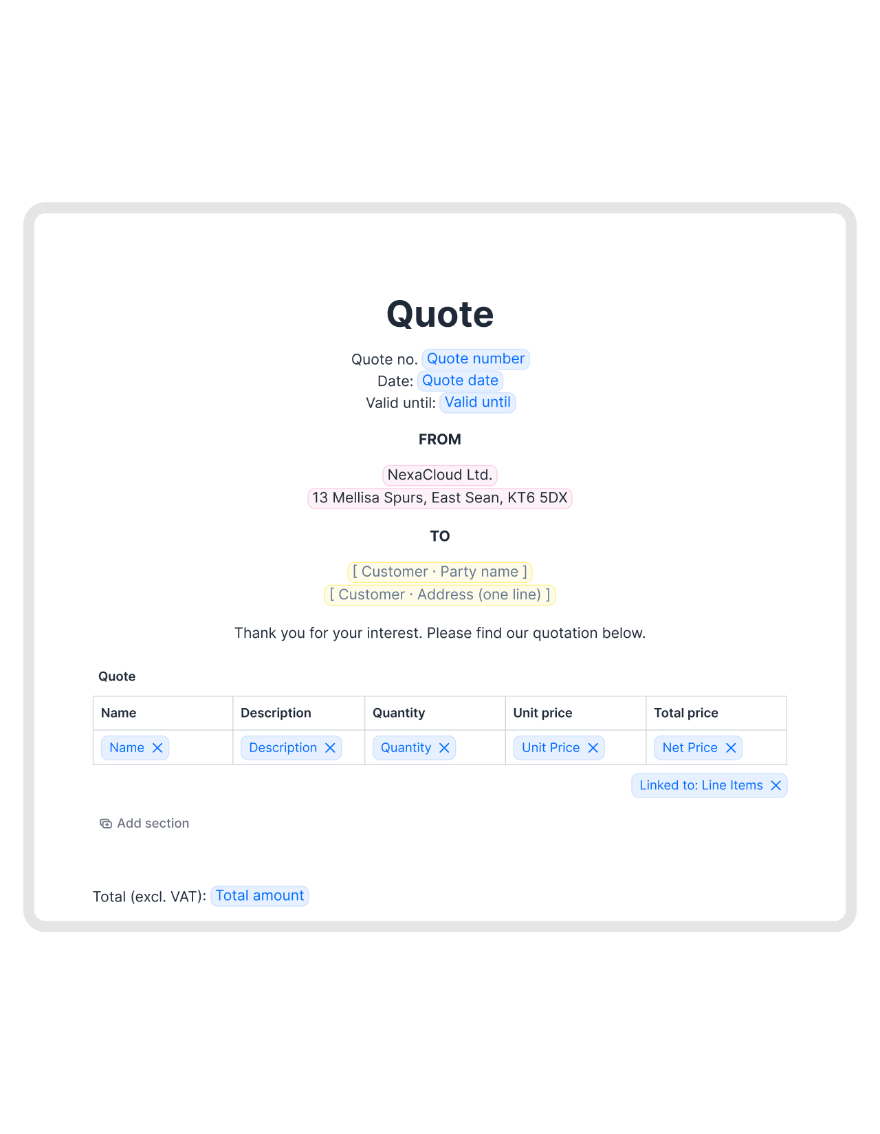 A pricing table bound to HubSpot line items A dynamic pricing table in a fynk template bound to HubSpot deal line items