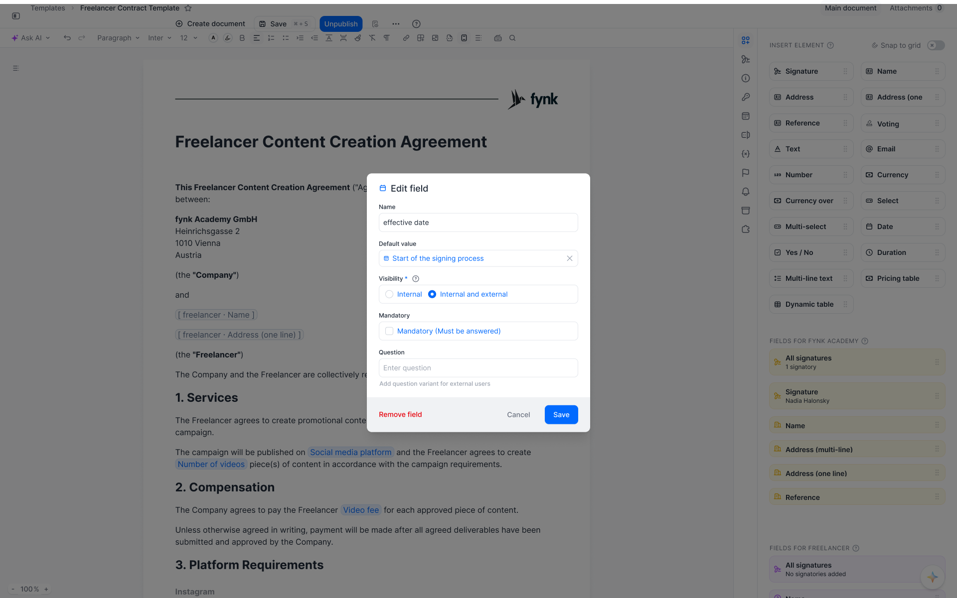 Building a contract template with dynamic fields in fynk