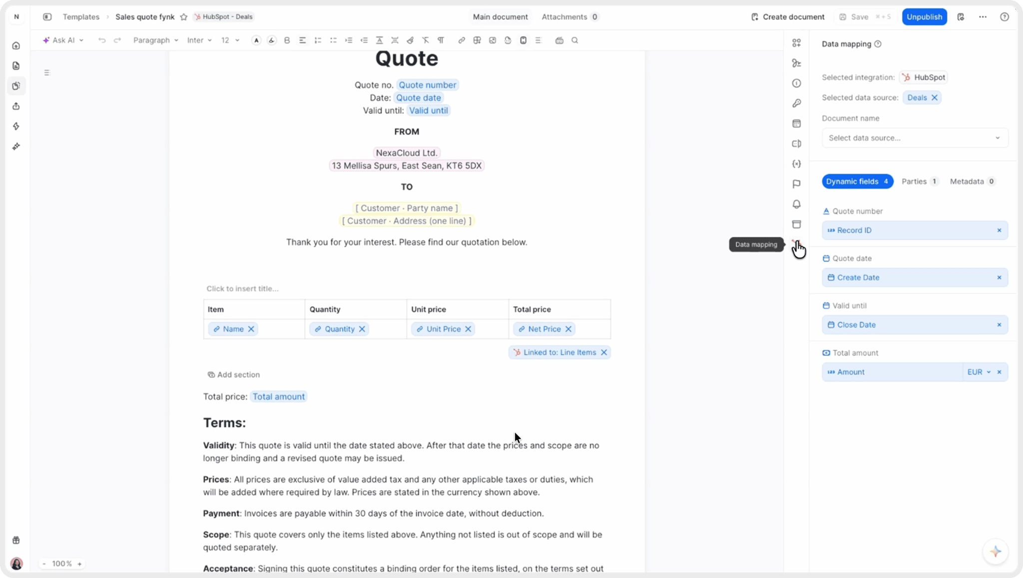A quote template in fynk with its dynamic fields mapped to HubSpot deal properties