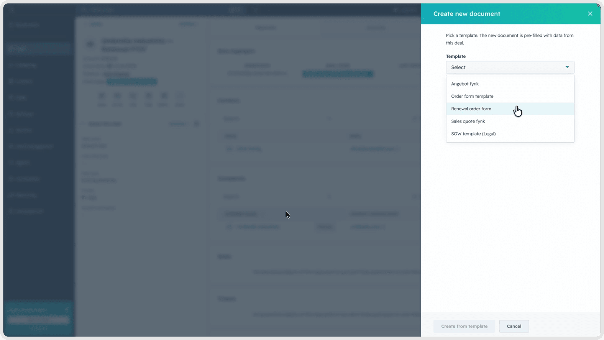 Picking the renewal order form from the fynk card on a HubSpot deal