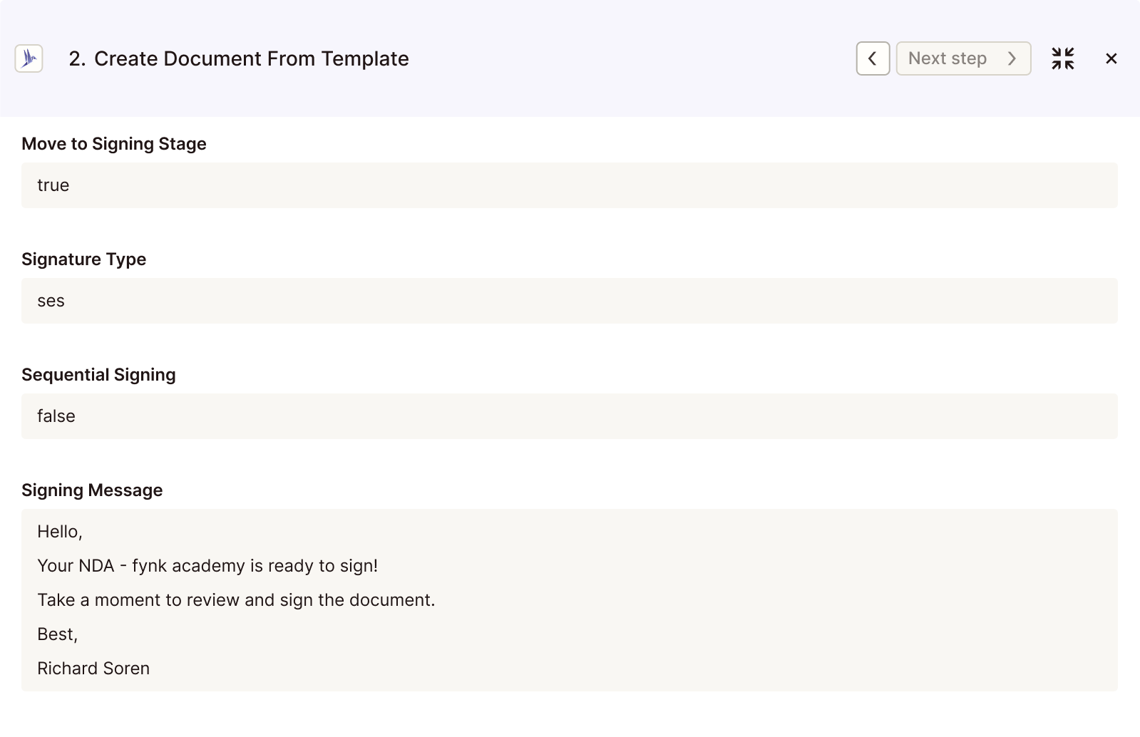 Move to signature step fynk Zapier