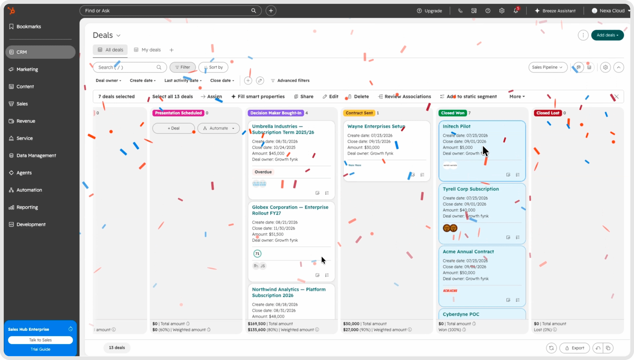 Moving several HubSpot deals to Closed Won at once from the deals board