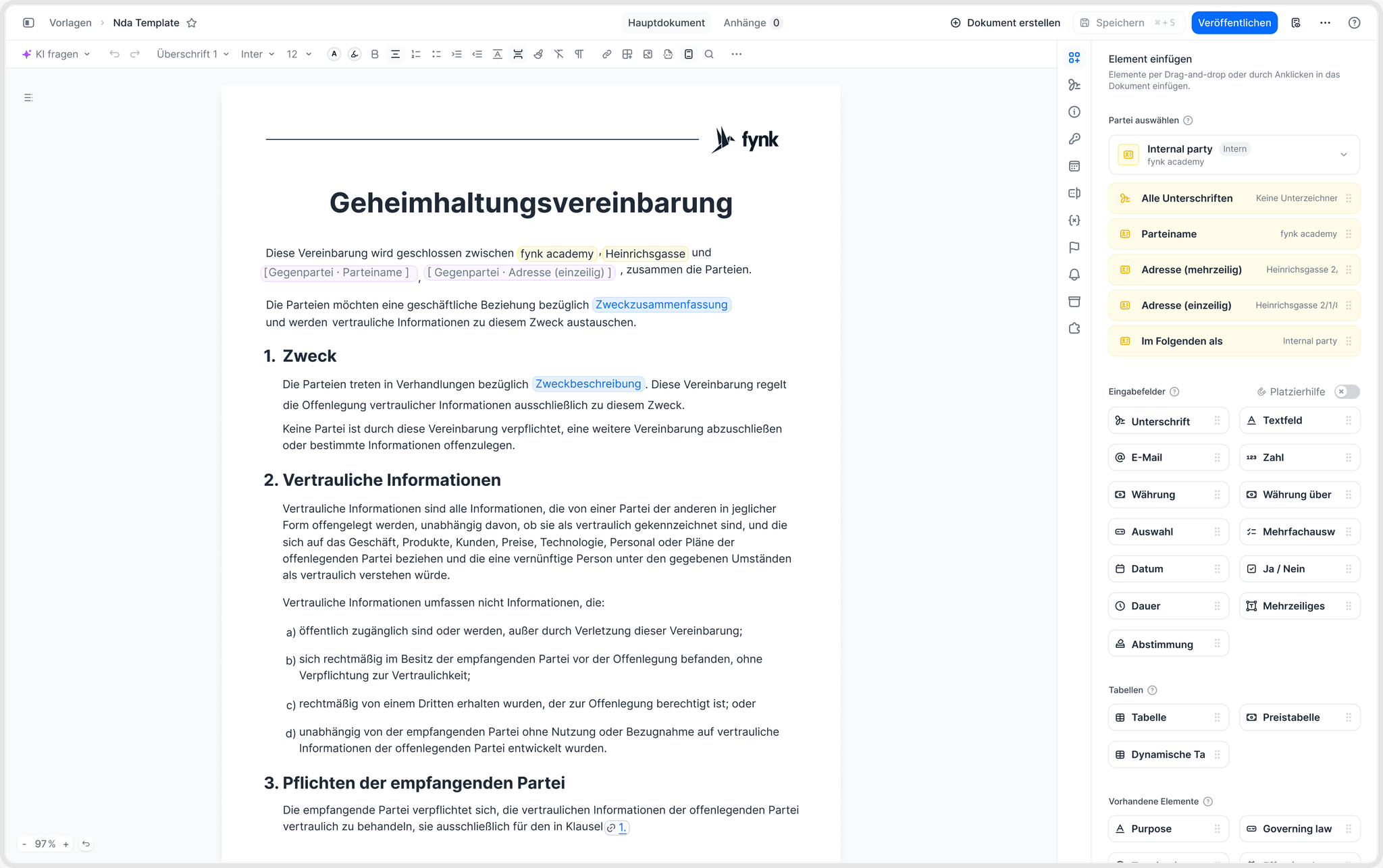 Dynamische Felder, Parteien und unterzeichnende Personen in einer veröffentlichten fynk NDA-Vorlage