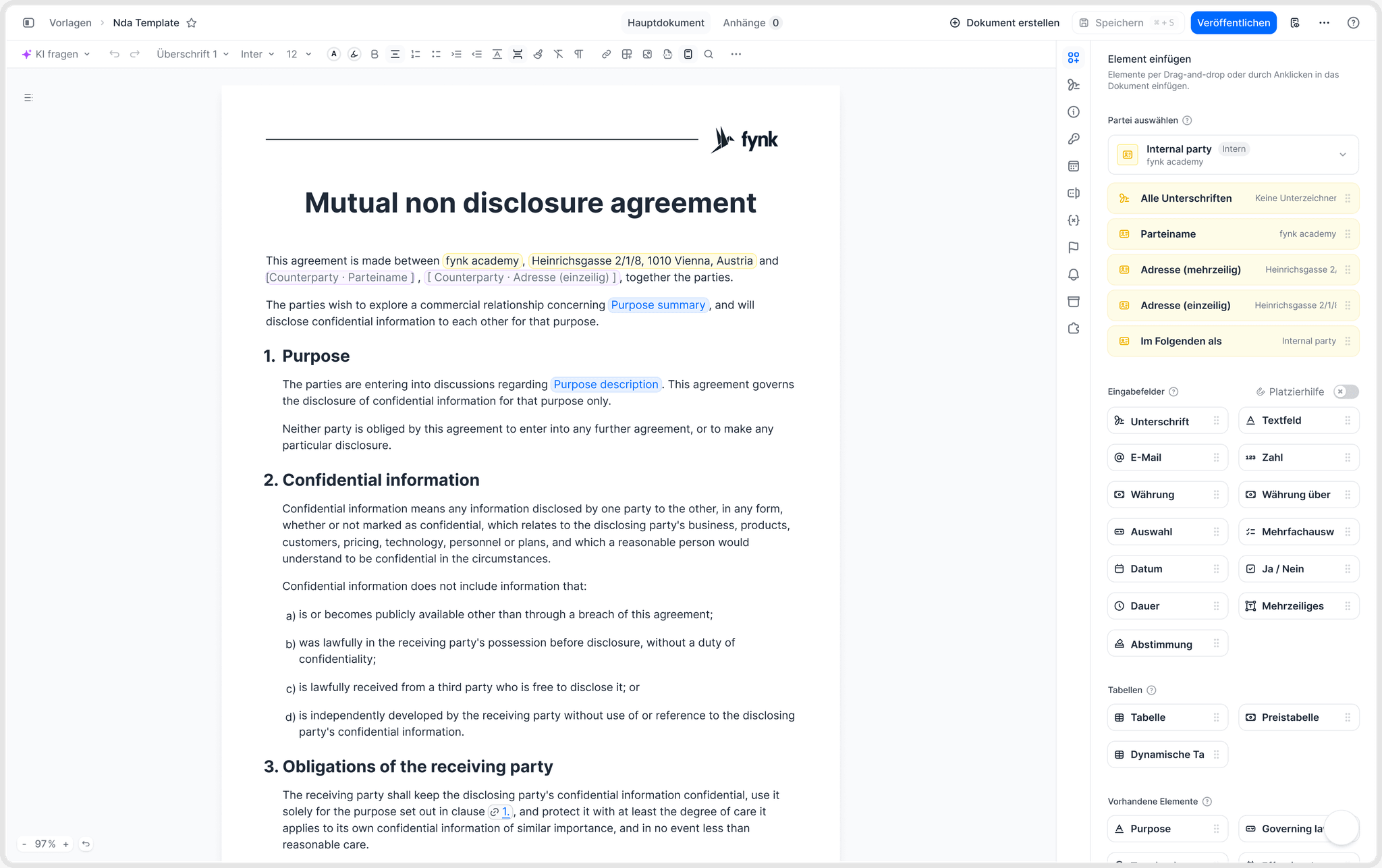 Dynamic fields, parties and signatories in a published fynk NDA template