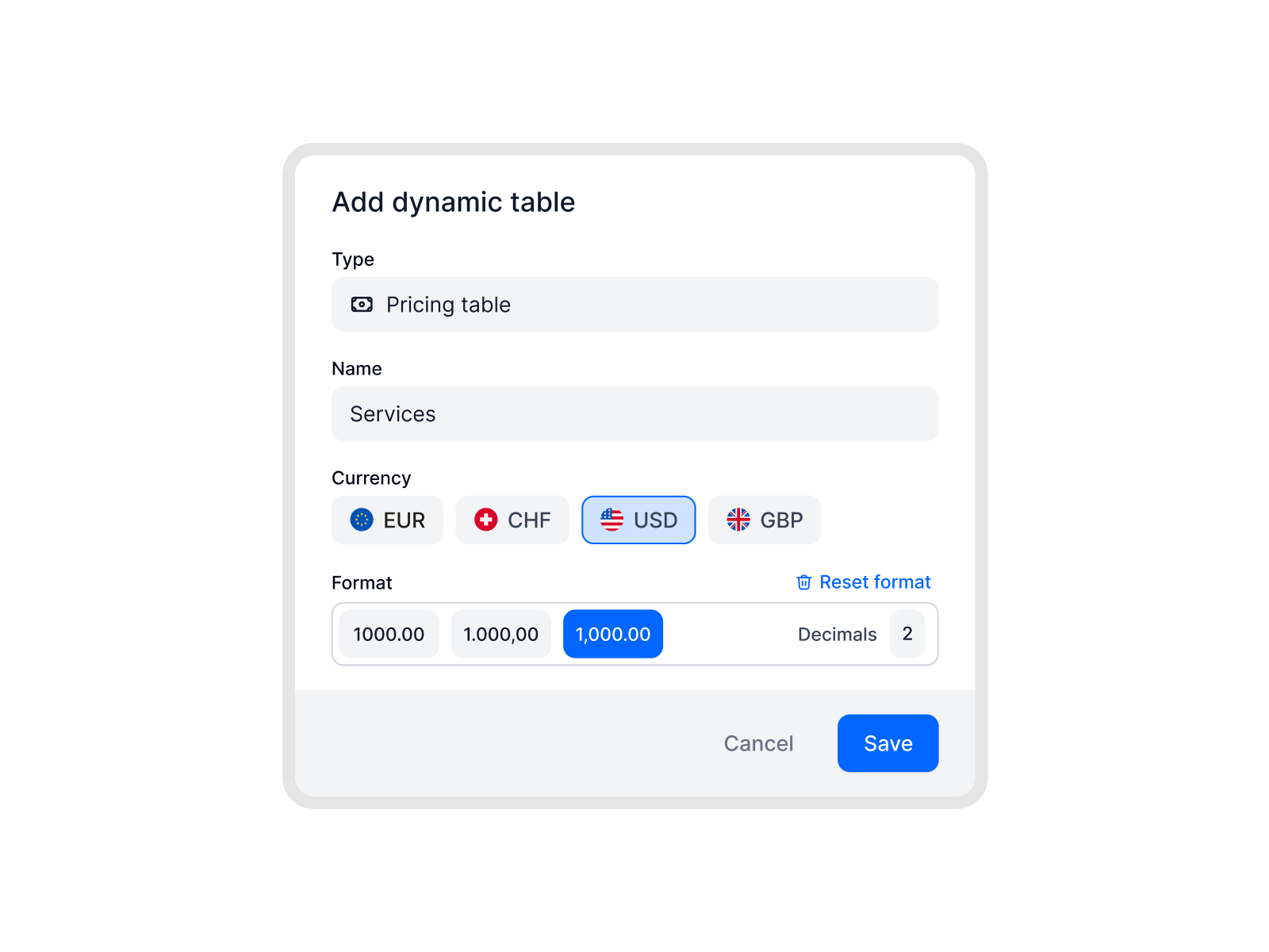 Pricing tables