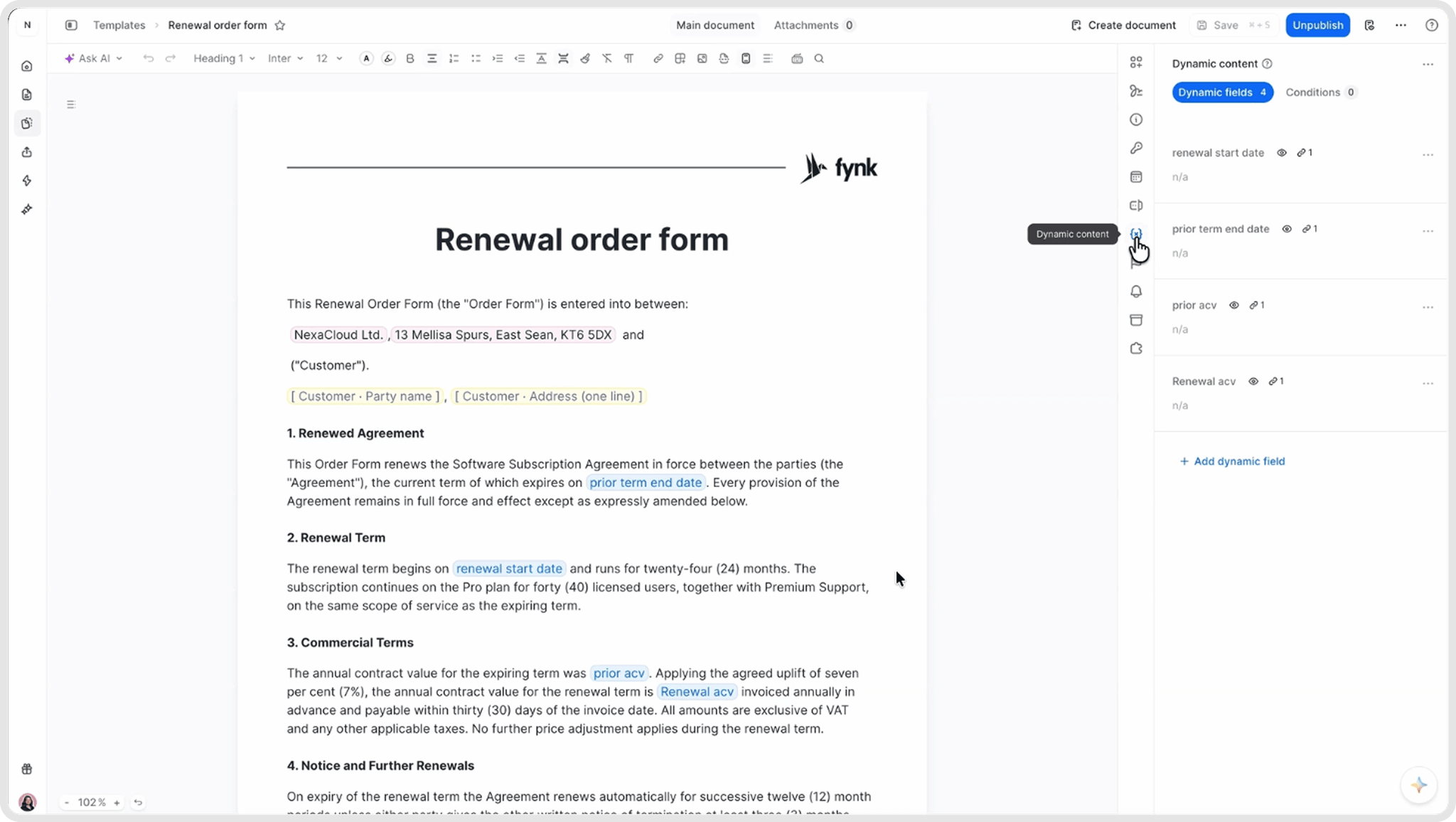 The dynamic fields of a renewal order form in fynk