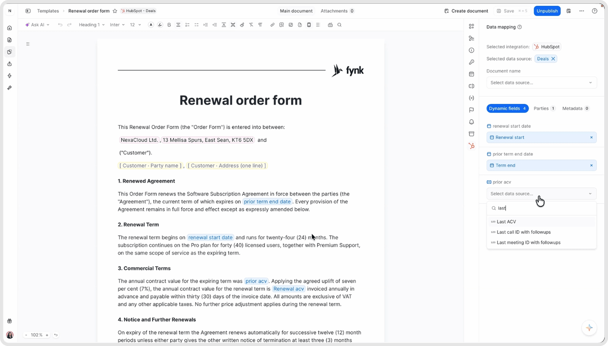 Mapping a renewal order form's dynamic fields to custom HubSpot deal properties