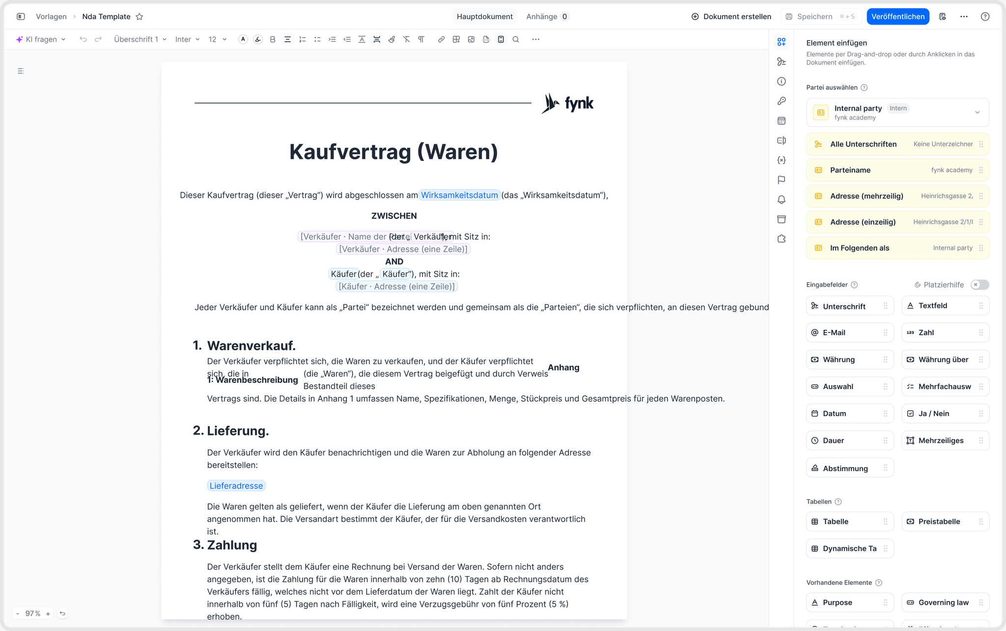 Dynamische Felder für die kommerziellen Konditionen in einer fynk Vertriebsvorlage
