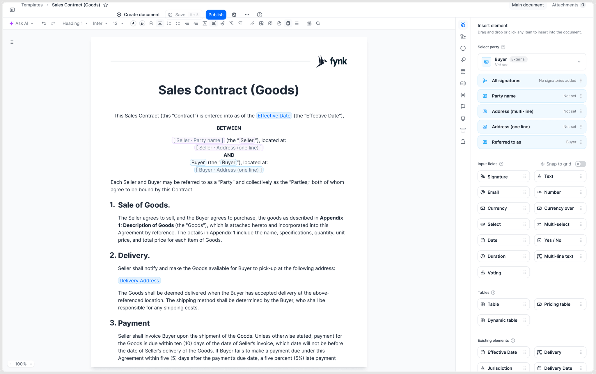 Dynamic fields for the commercial terms in a fynk sales template