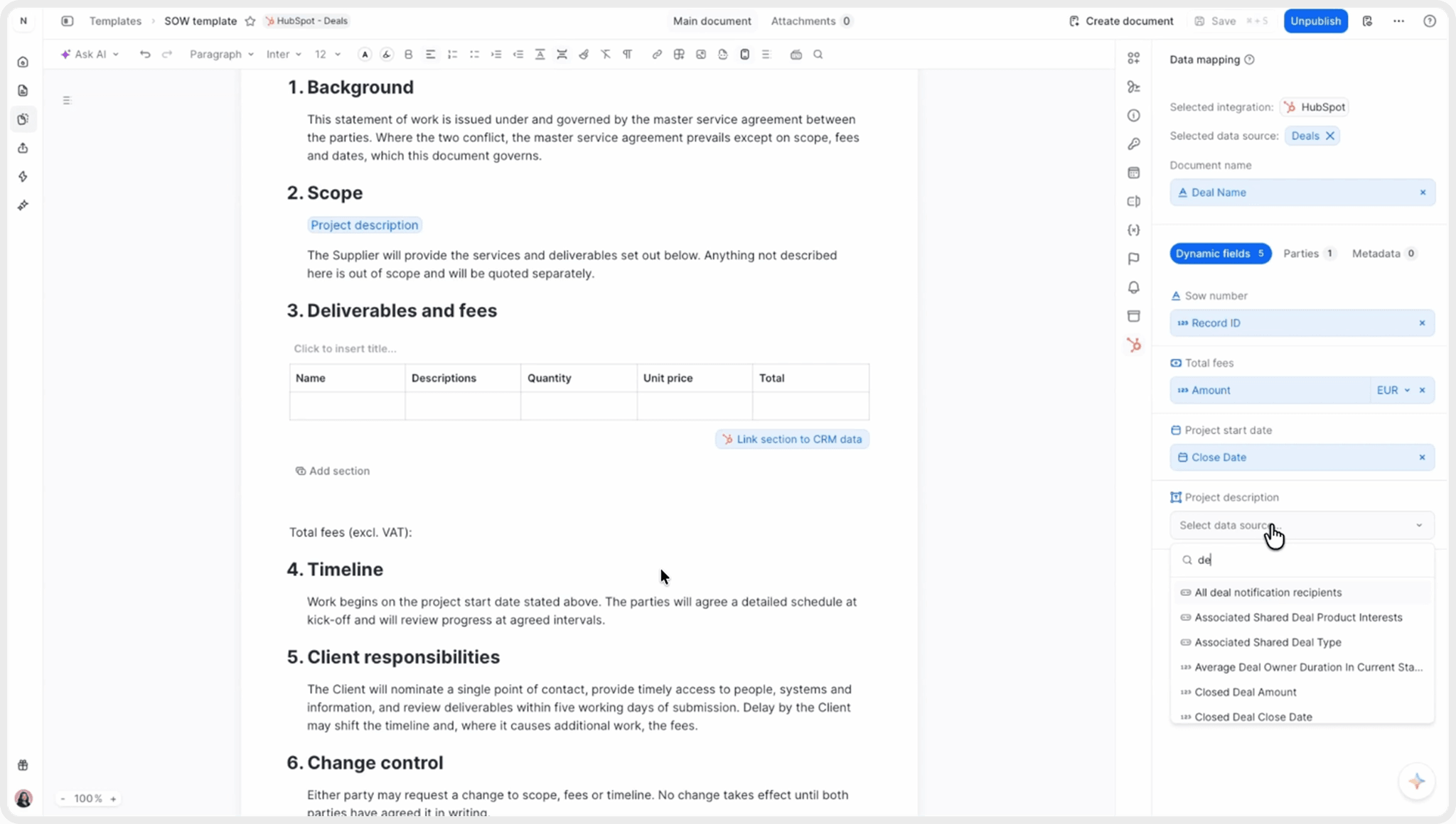 A statement of work template in fynk mapped to a HubSpot deal