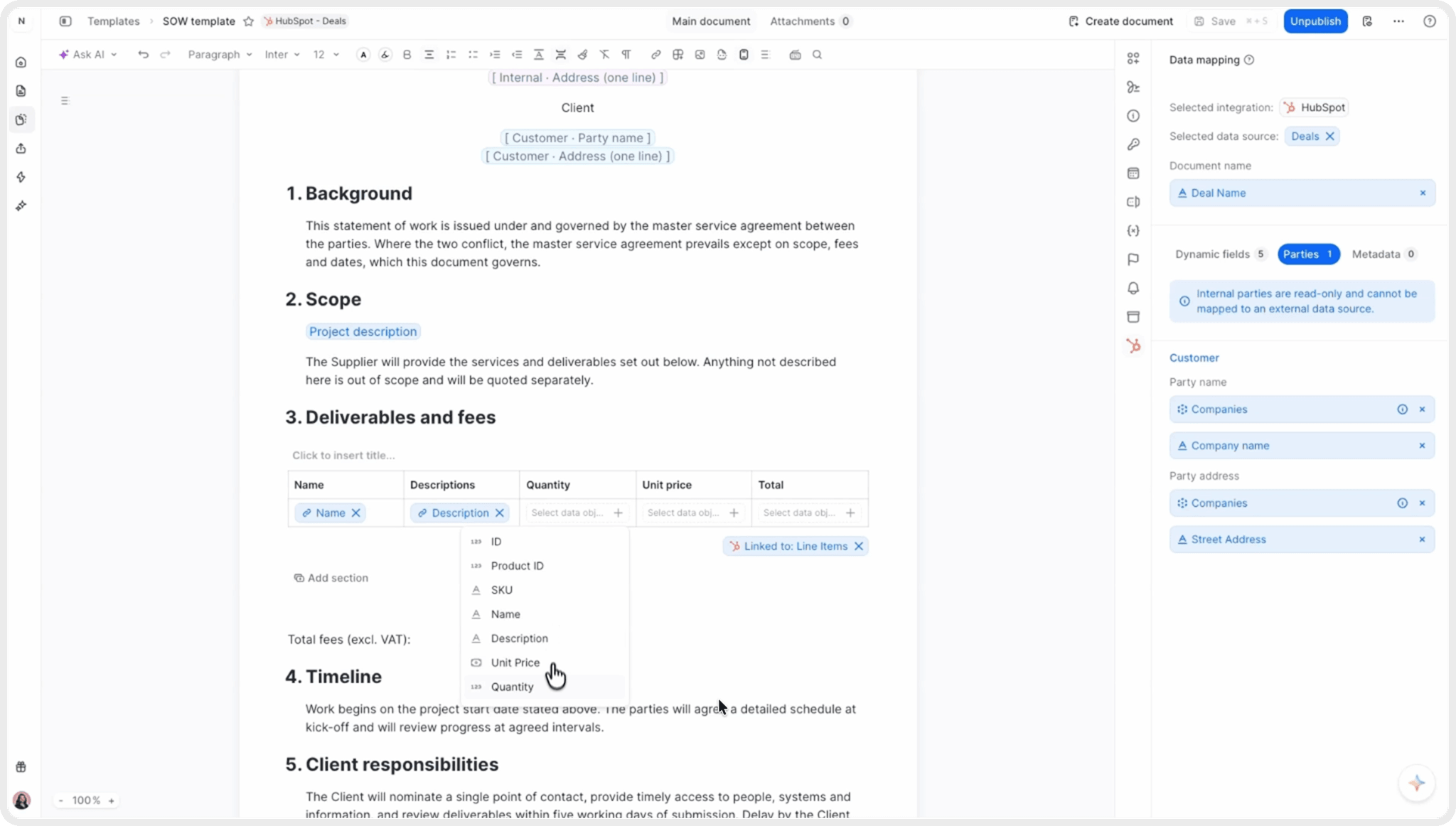 Mapping the customer party and the line item columns of a fynk template to HubSpot