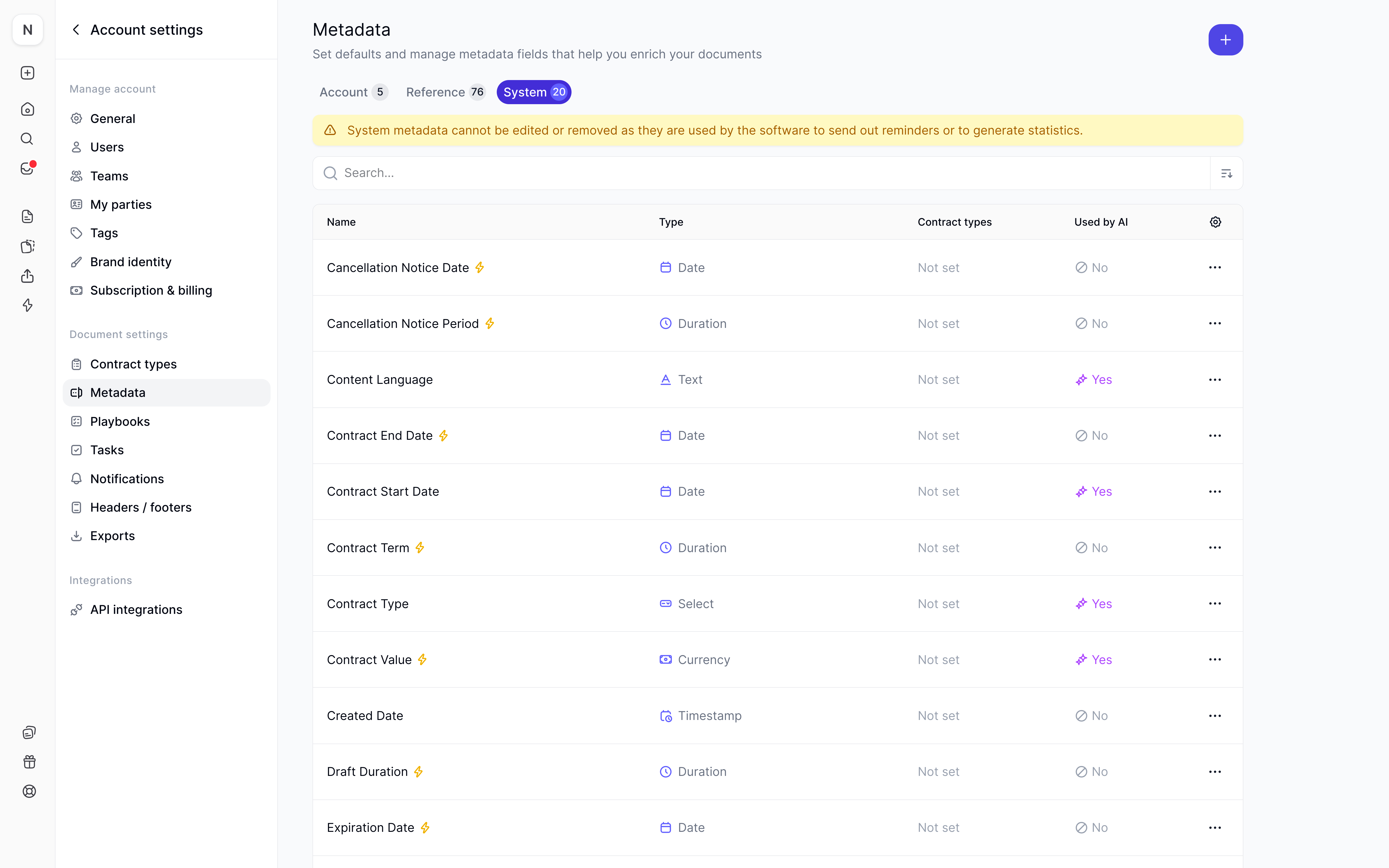 System metadata in fynk settings