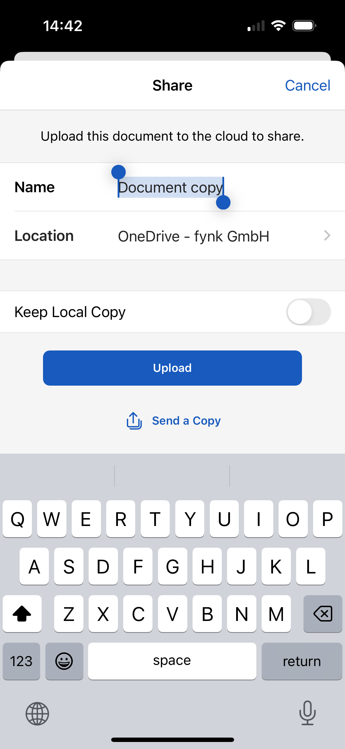 Freigabeoptionen für Word-Datei auf dem iPhone
